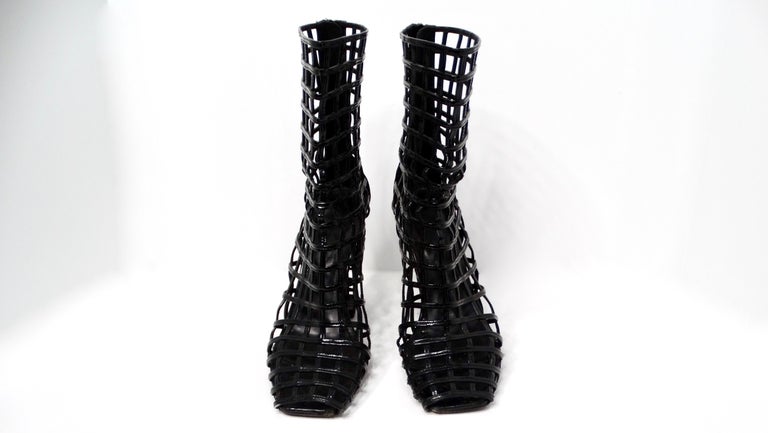 Yves Saint Laurent 2009 Runway Black Patent Leather Cage Boots at