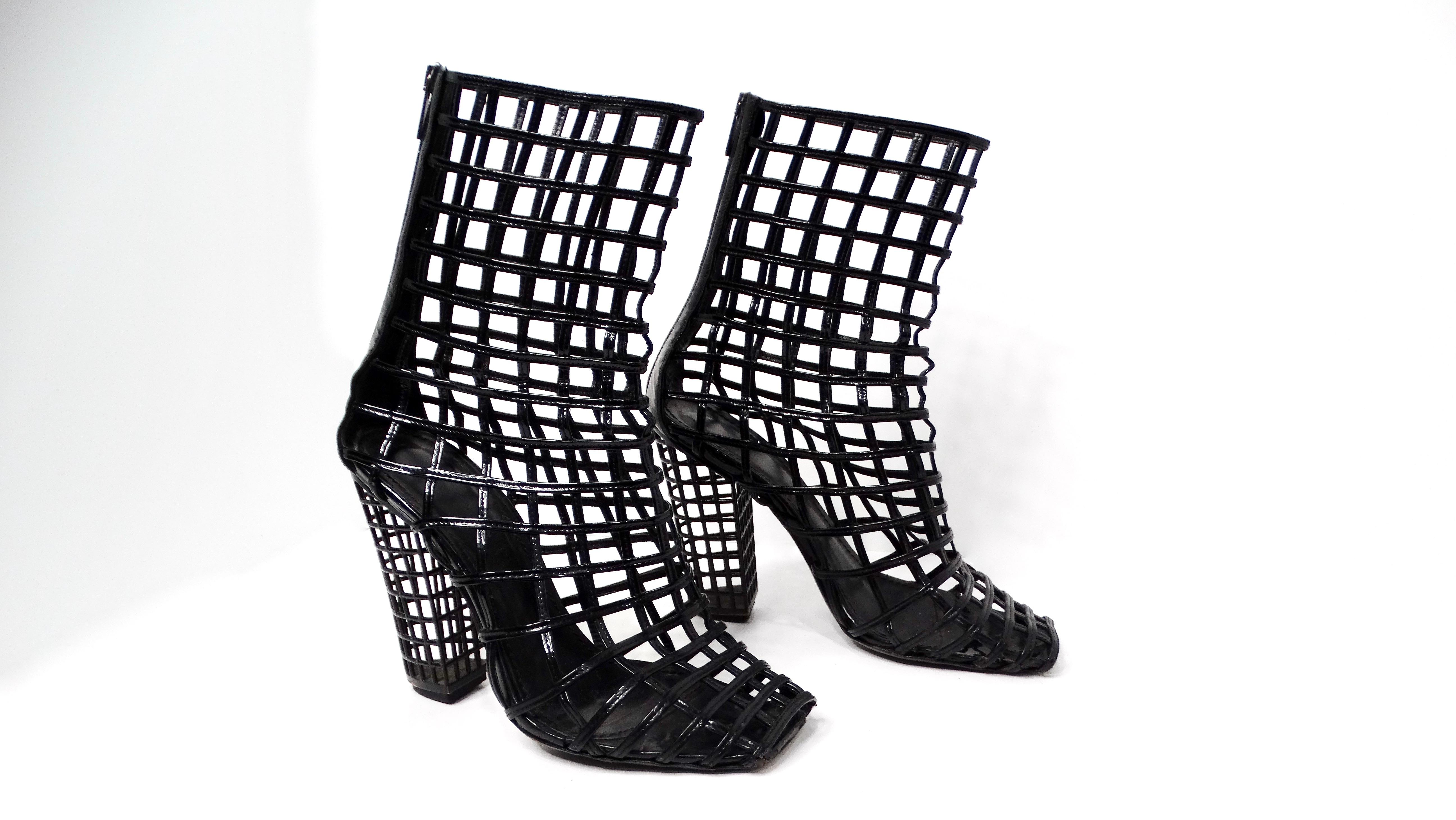 Women's Yves Saint Laurent 2009 Runway Black Patent Leather Cage Boots For Sale
