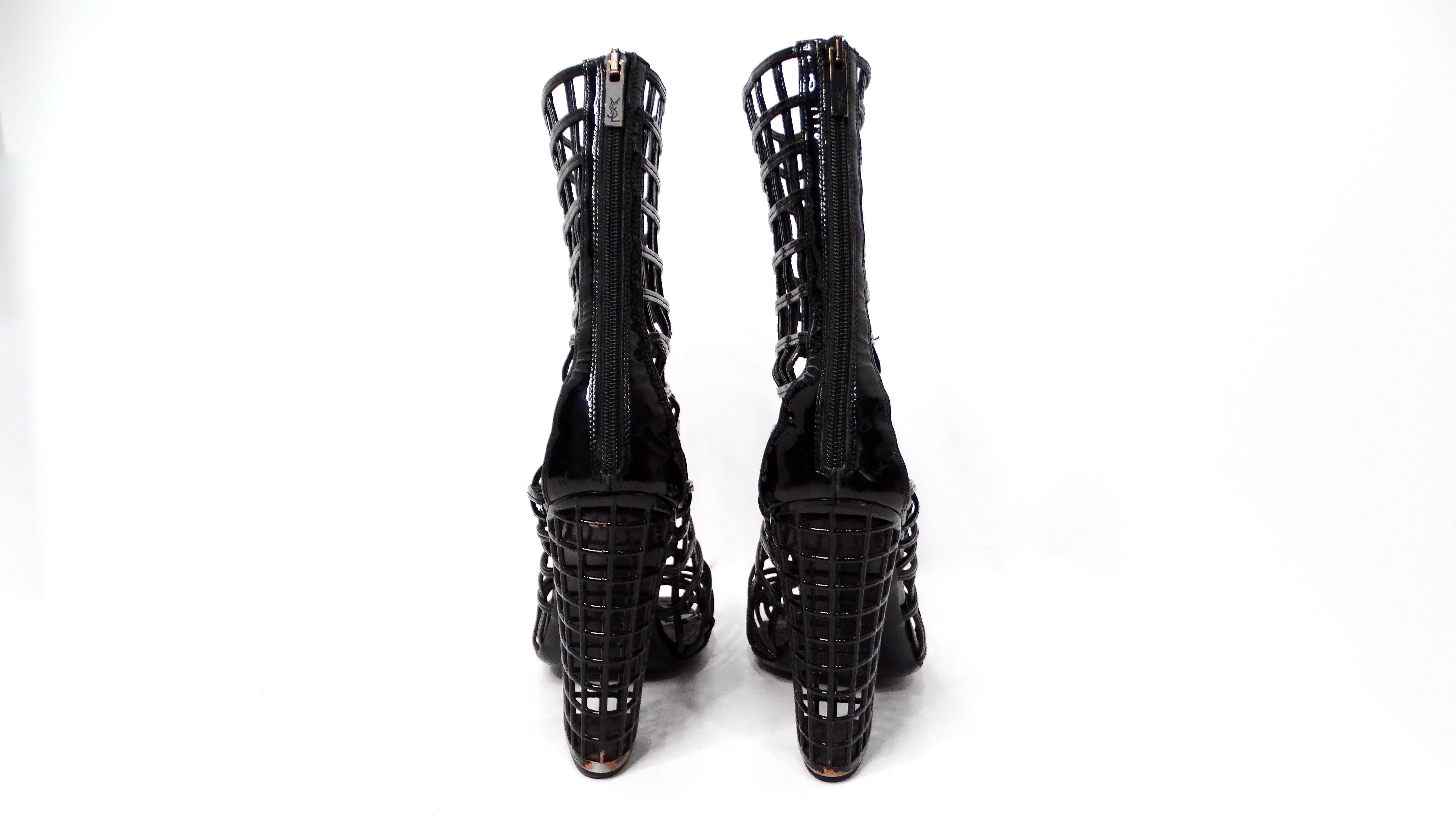 Yves Saint Laurent 2009 Runway Black Patent Leather Cage Boots For Sale 1