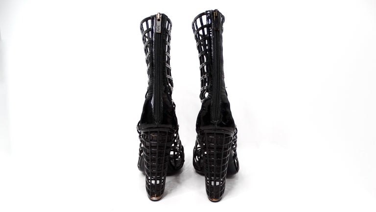 Yves Saint Laurent 2009 Runway Black Patent Leather Cage Boots at