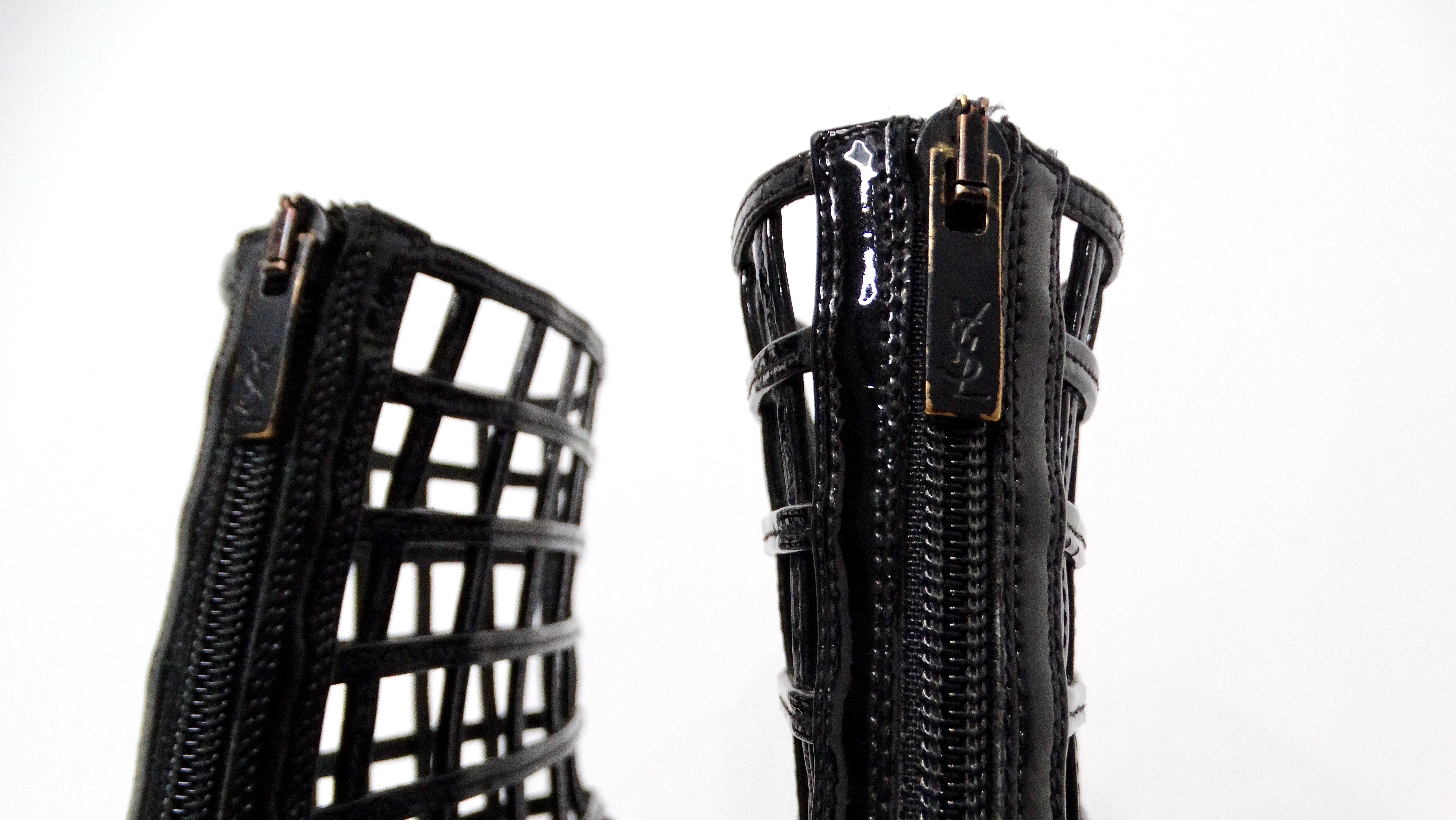 Yves Saint Laurent 2009 Runway Black Patent Leather Cage Boots For Sale 2