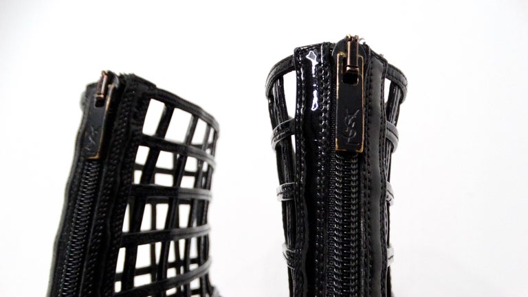 Yves Saint Laurent 2009 Runway Black Patent Leather Cage Boots at