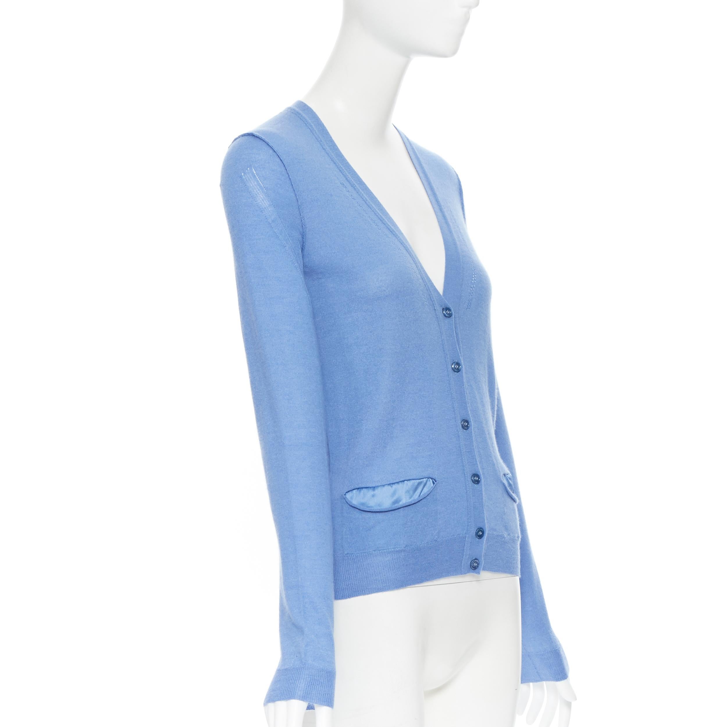 Blue YVES SAINT LAURENT 2010 cashmere silk blue pocket logo knit V-neck cardigan XS
