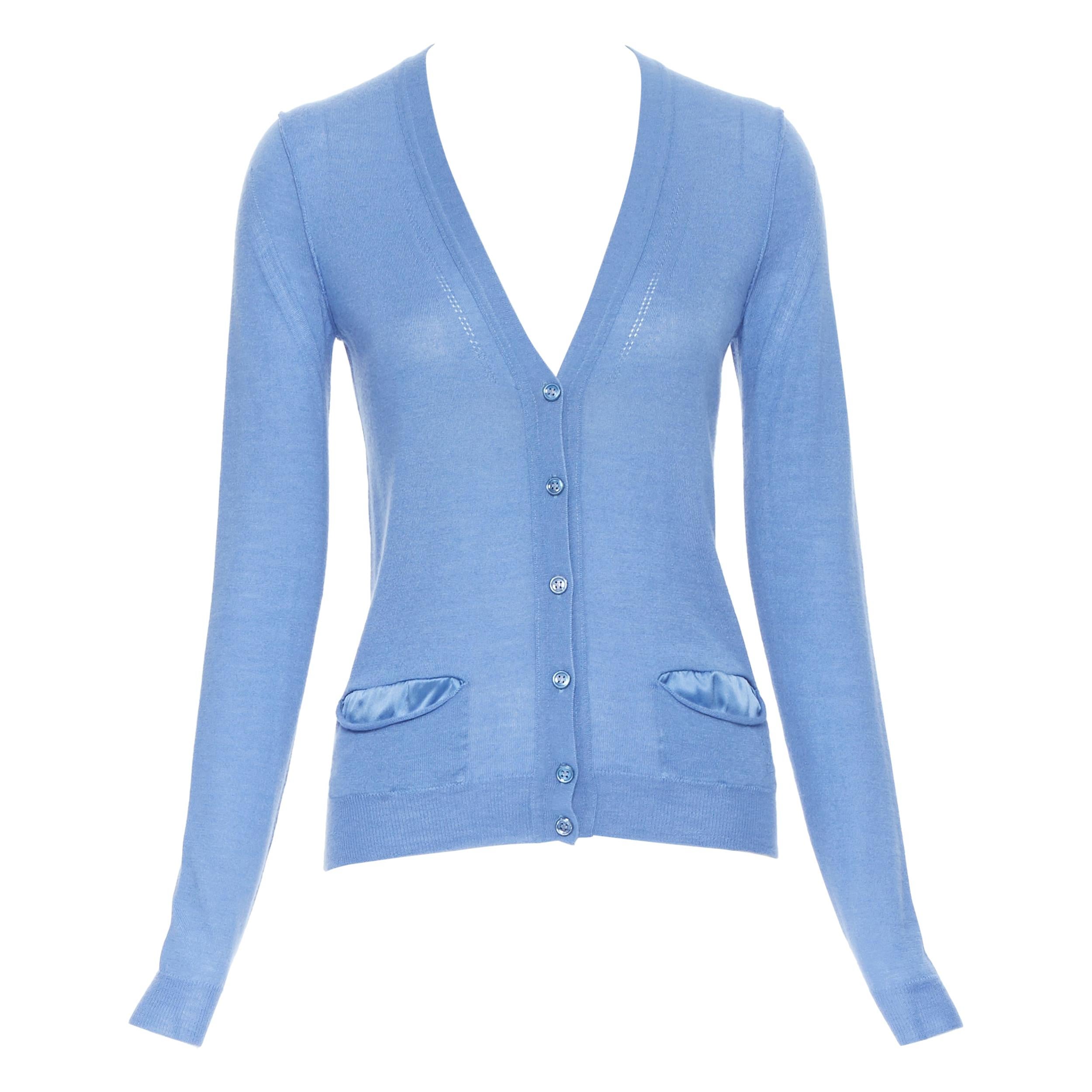 YVES SAINT LAURENT 2010 cashmere silk blue pocket logo knit V-neck cardigan XS