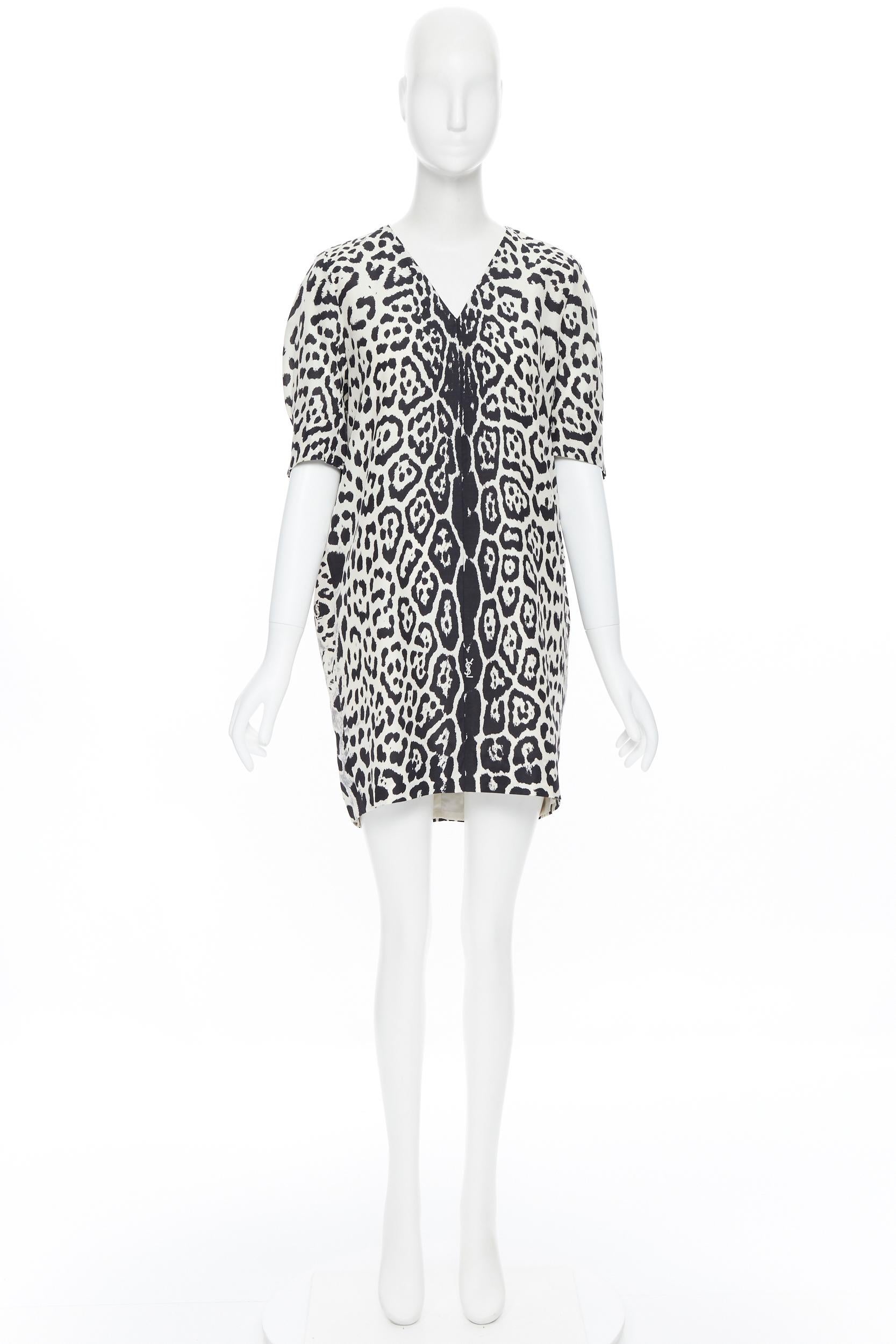 Gray YVES SAINT LAURENT 2012 100% silk black white leopard spot casual dress FR38