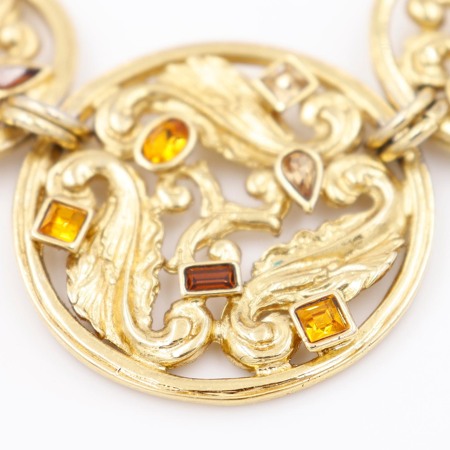 Women's Yves Saint Laurent 3 Pc Gold Plated Necklace Bracelet & Earring Set 2 Crystals For Sale