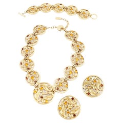 Yves Saint Laurent 3 Pc Gold Plated Necklace Bracelet & Earring Set 2 Crystals