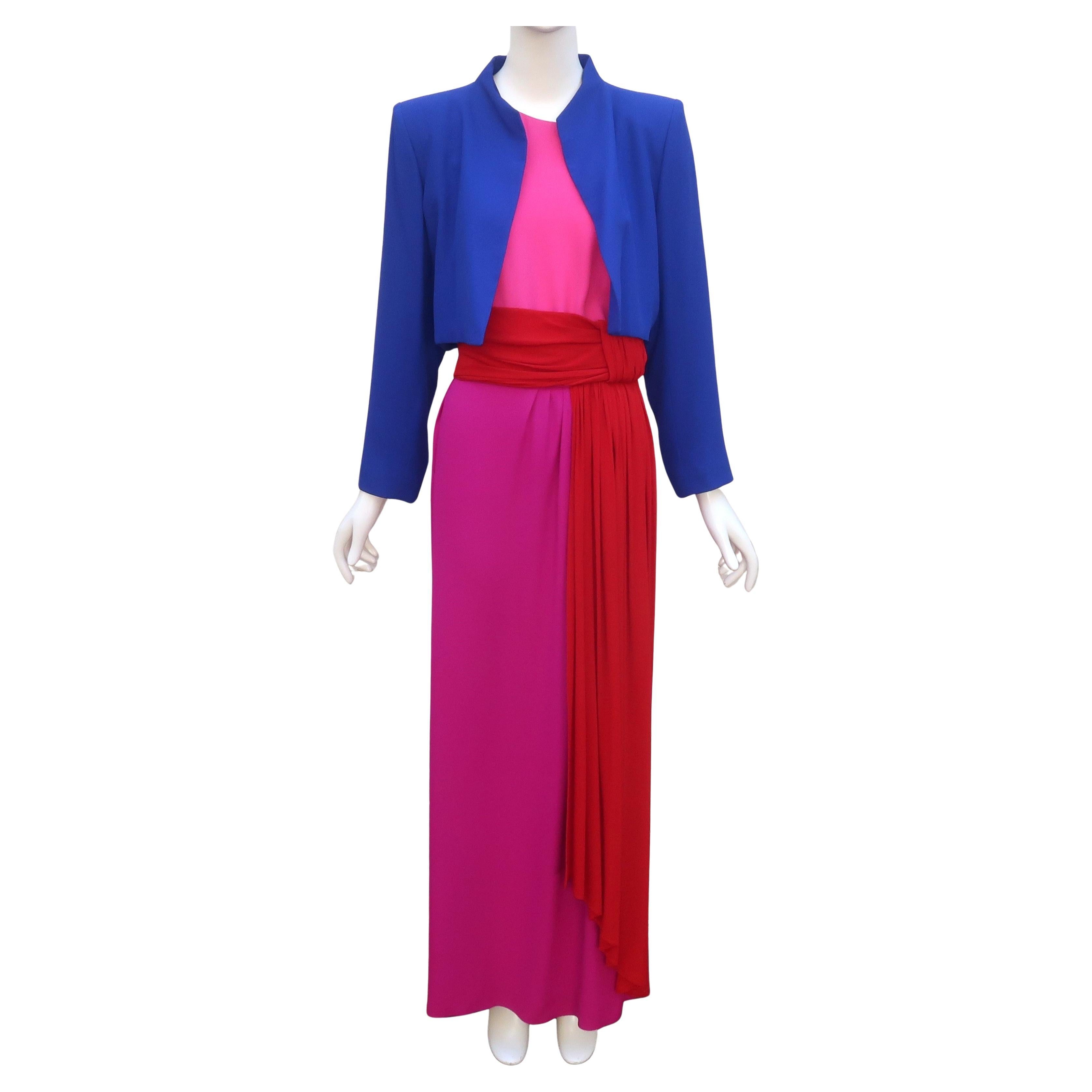 C.1990 Yves Saint Laurent Rive Gauche three piece dress ensemble with long draped cummerbund style belt.  The jewel tone colors in hot pink, royal blue and red are the ultimate in color blocking glam.  The lush aqua and bubblegum pink lining in the