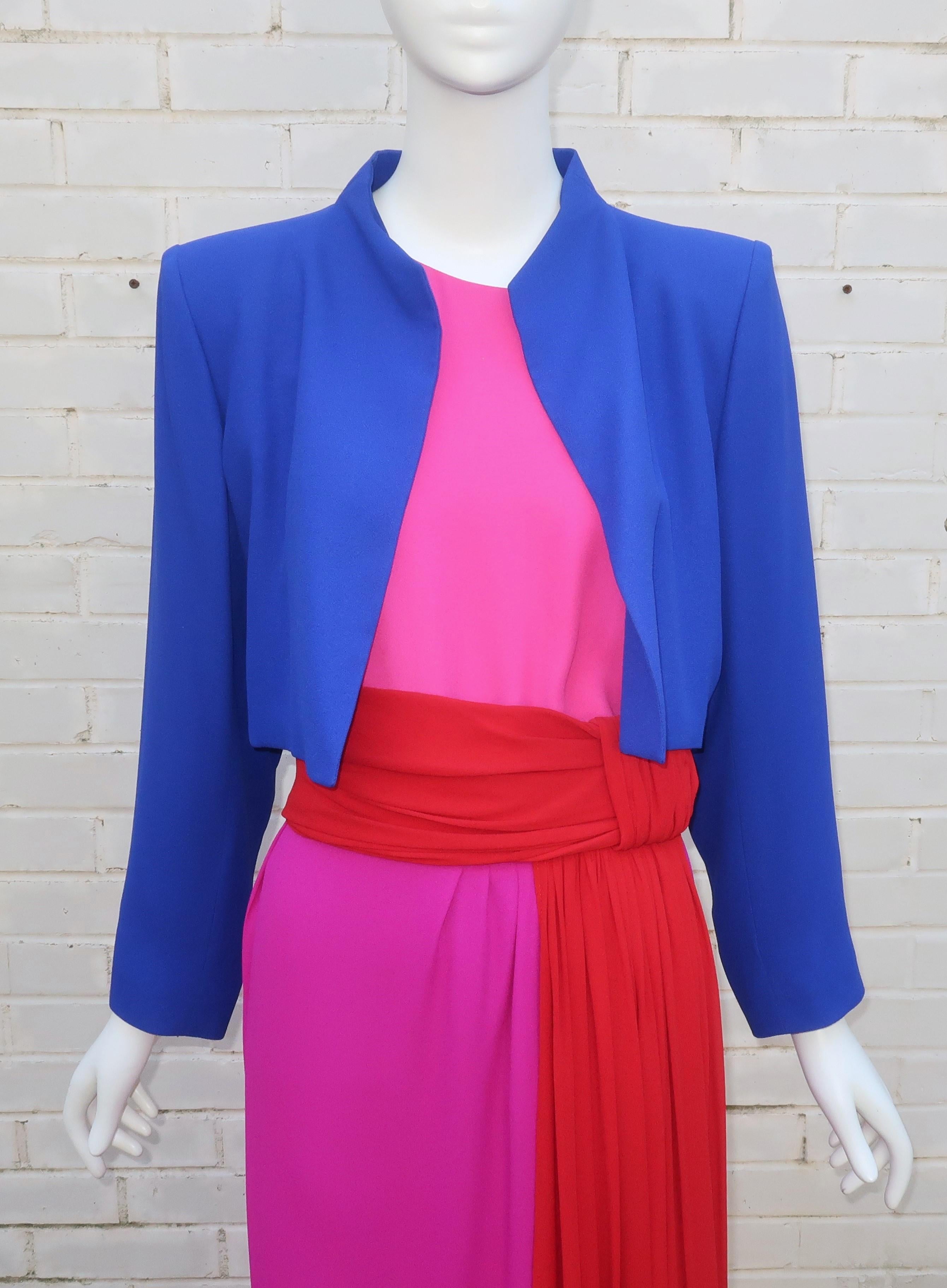 Purple YVES SAINT LAURENT 3 Piece Dress Ensemble With Draped Cummerbund, C.1990