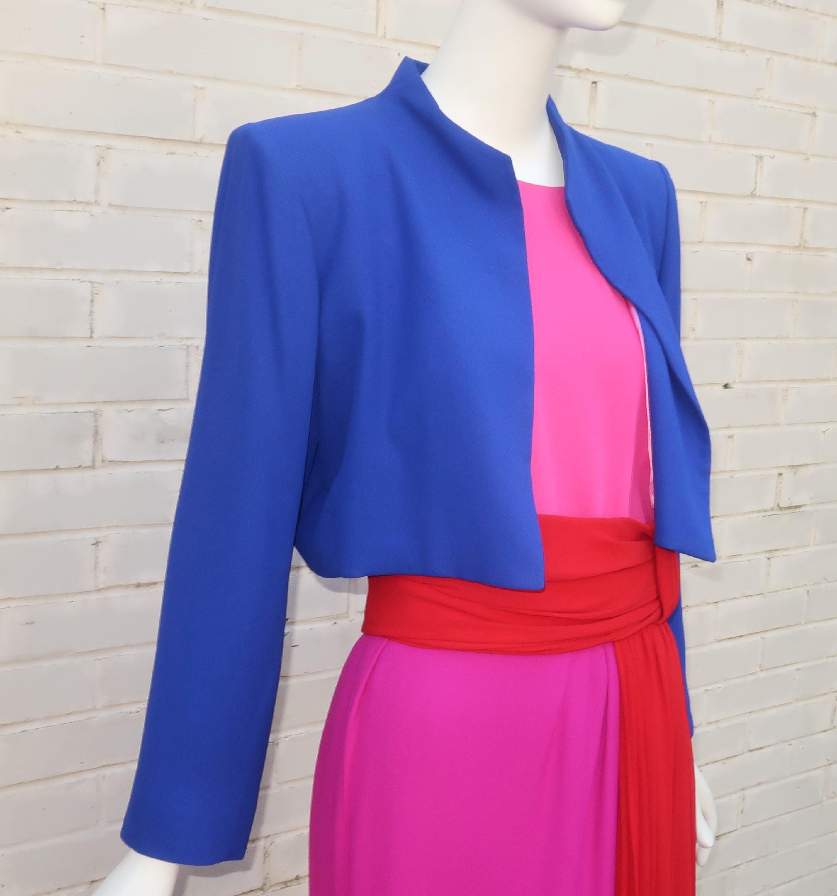 YVES SAINT LAURENT 3 Piece Dress Ensemble With Draped Cummerbund, C.1990 In Good Condition In Atlanta, GA