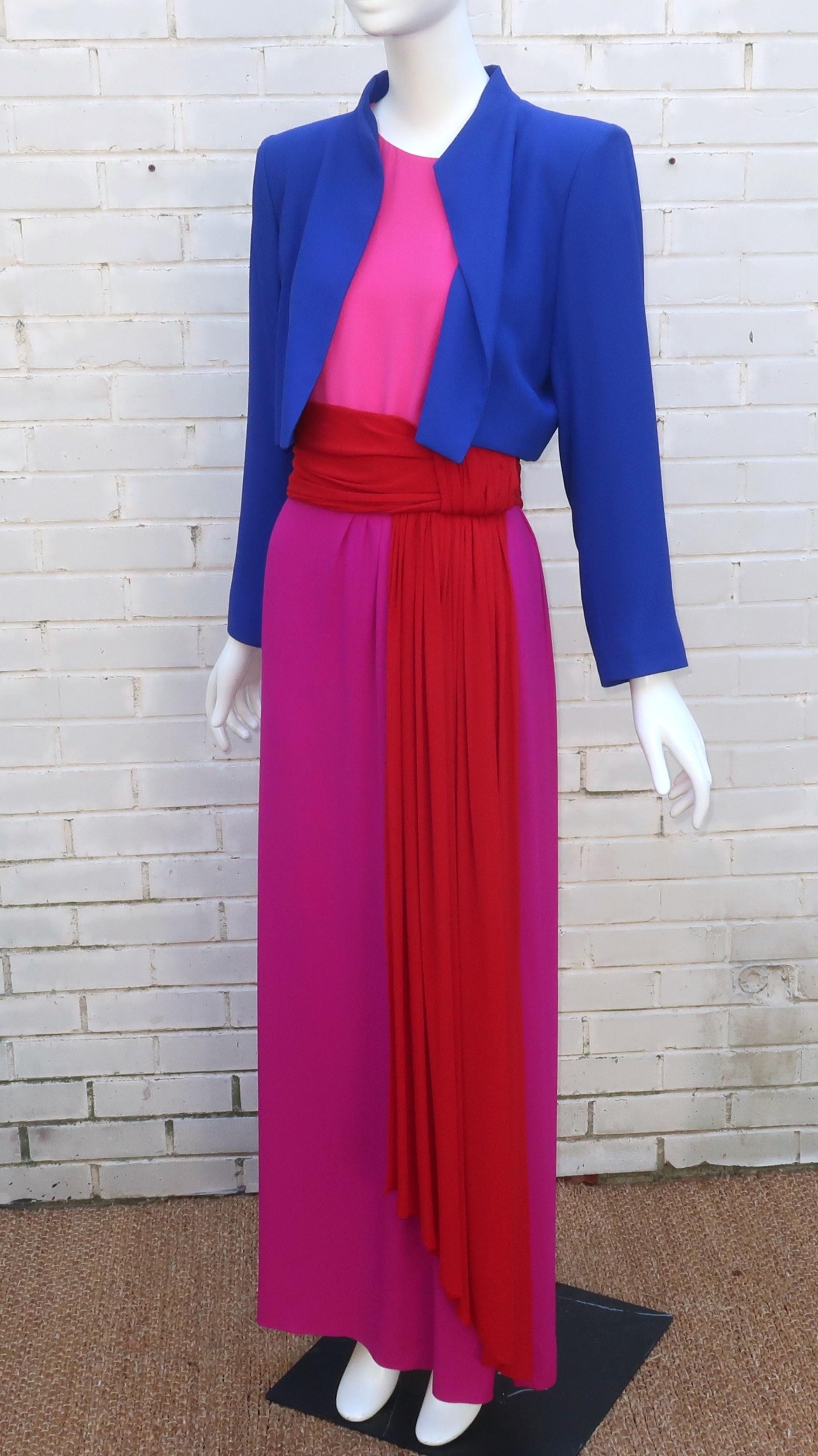 Women's YVES SAINT LAURENT 3 Piece Dress Ensemble With Draped Cummerbund, C.1990