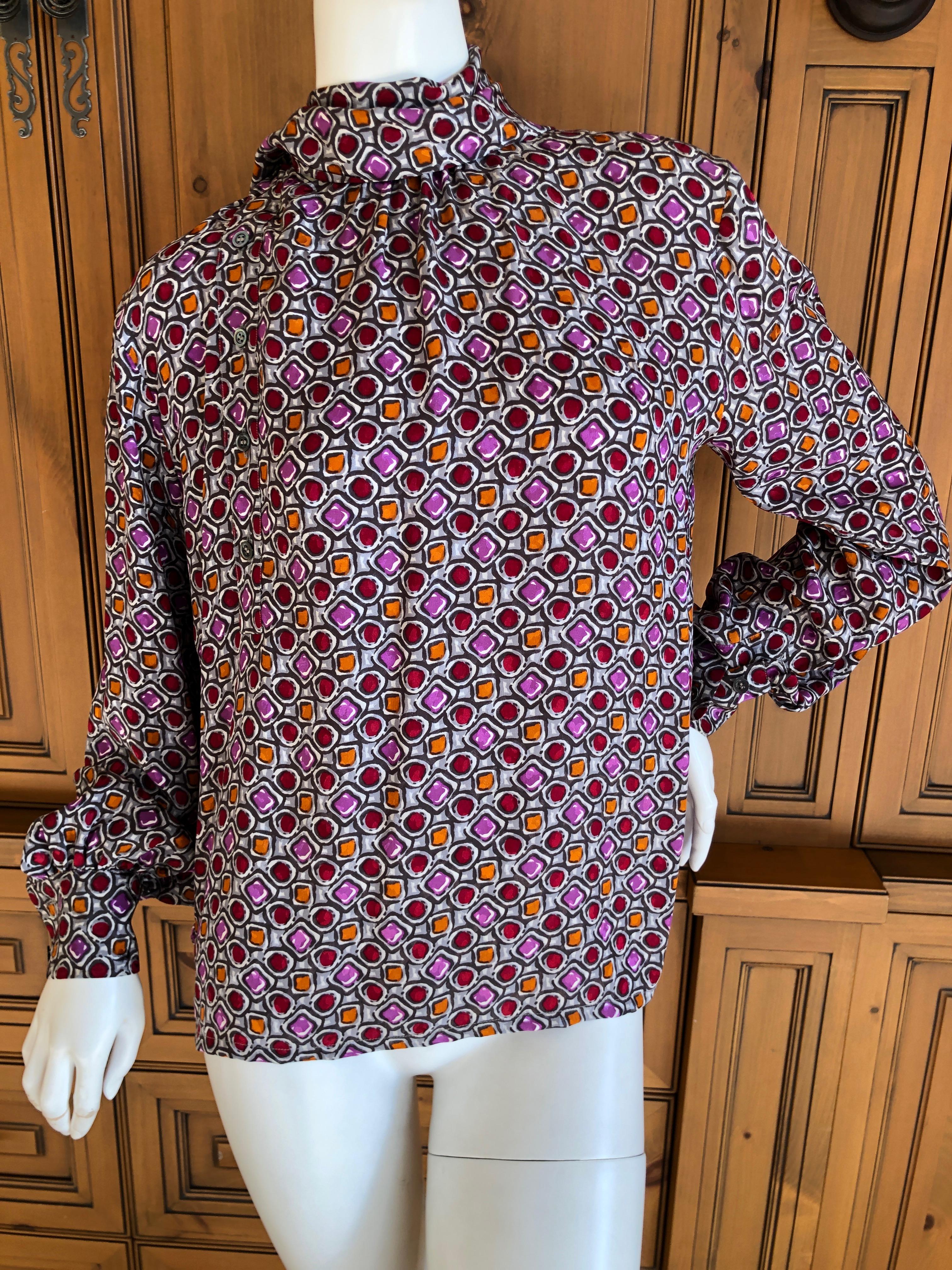 Black Yves Saint Laurent 70's Rive Gauche Cabachon Pattern Blouse with Side Pussy Bow For Sale