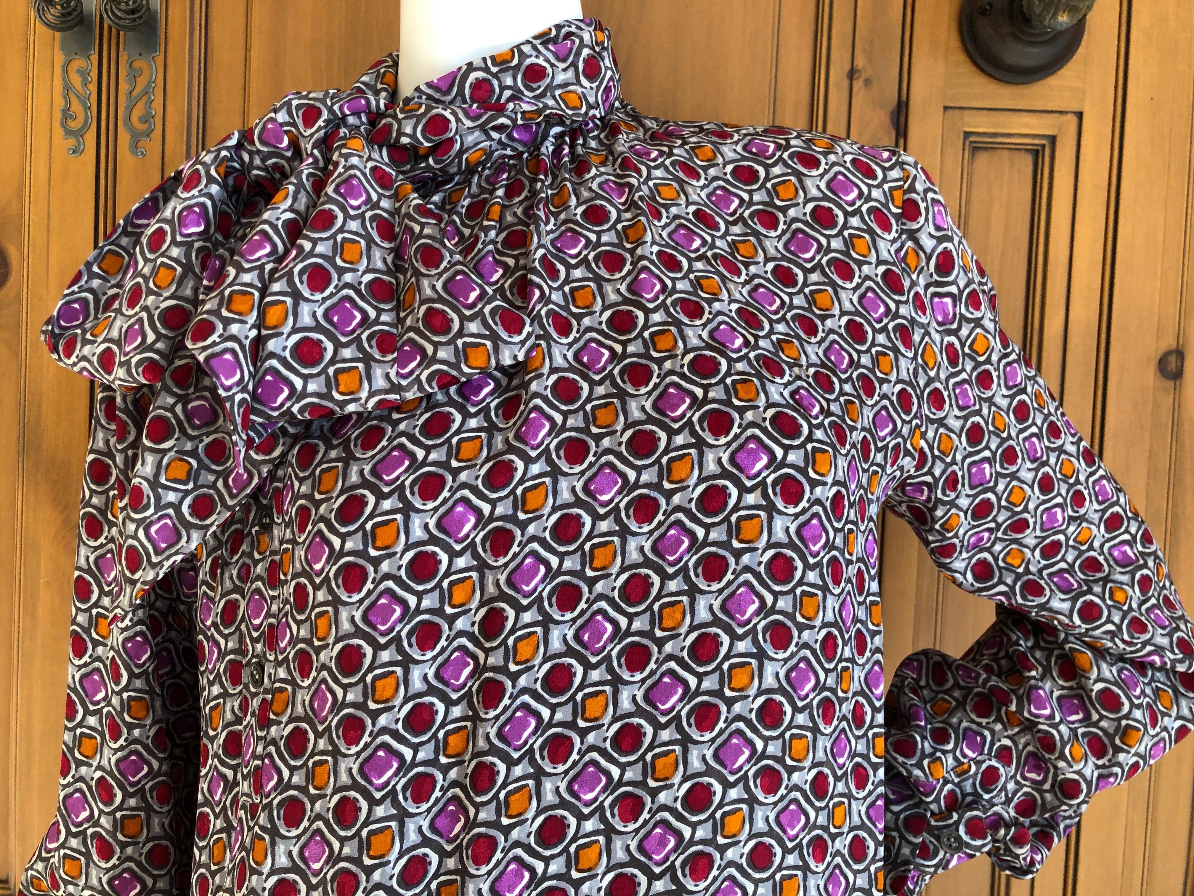 Women's Yves Saint Laurent 70's Rive Gauche Cabachon Pattern Blouse with Side Pussy Bow For Sale