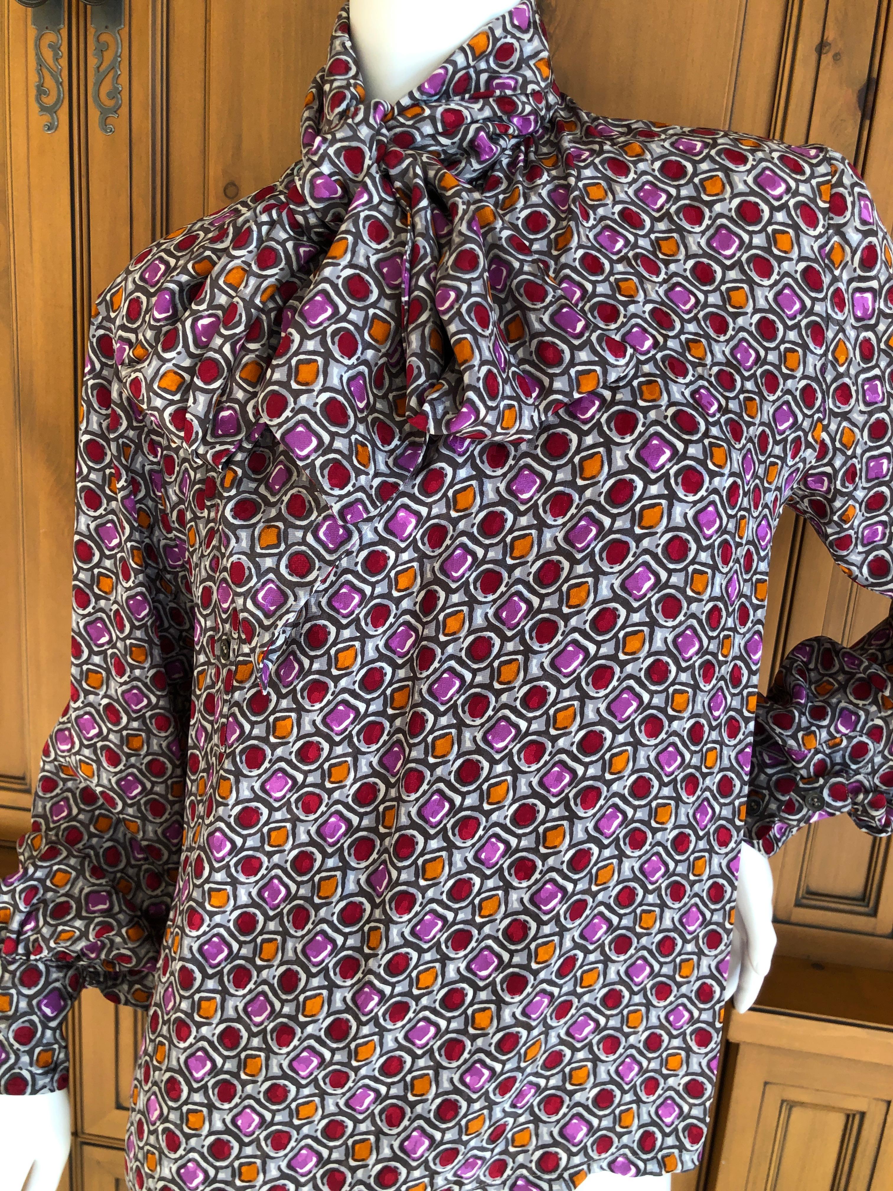 Yves Saint Laurent 70's Rive Gauche Cabachon Pattern Blouse with Side Pussy Bow For Sale 1