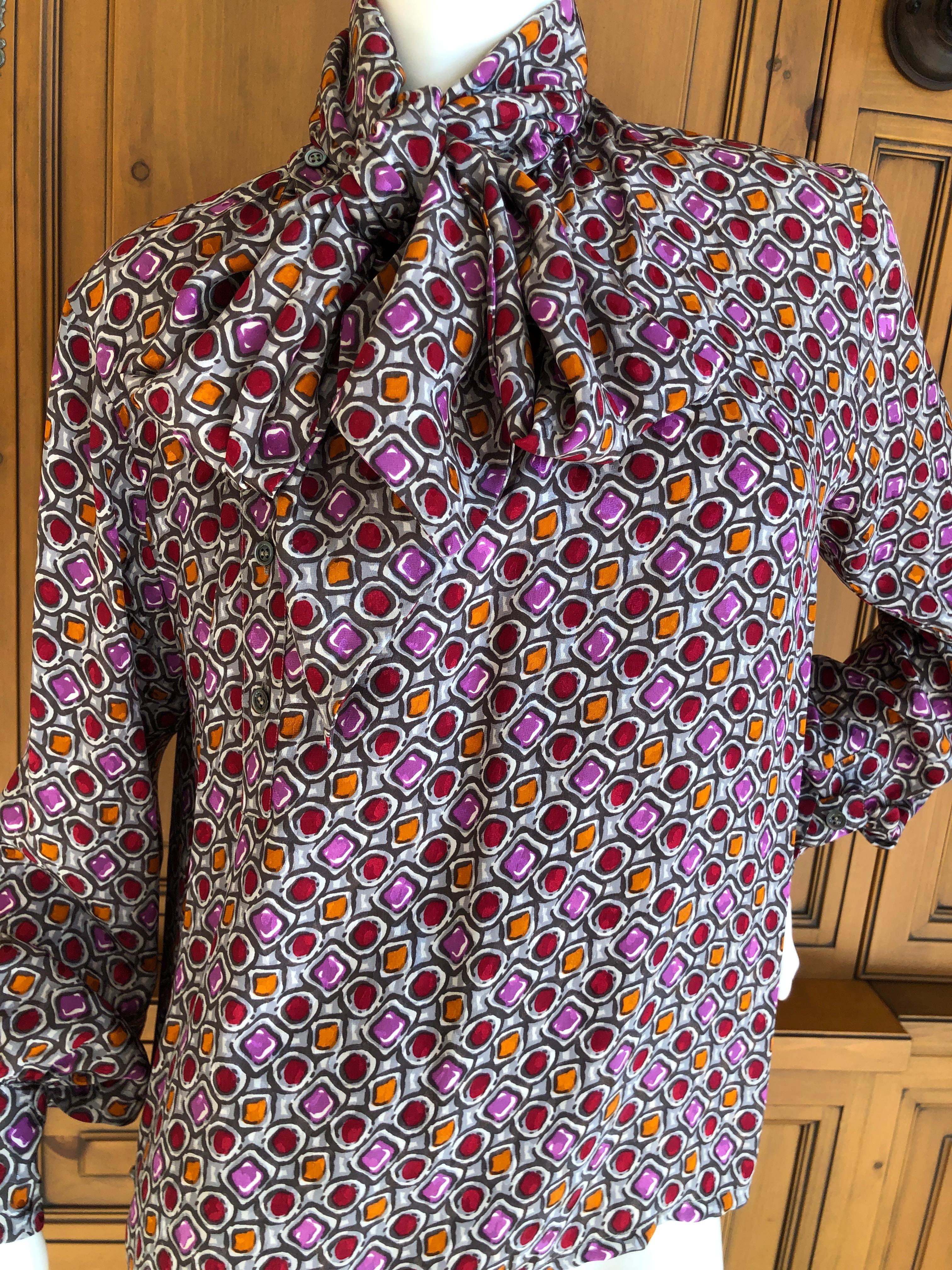 Yves Saint Laurent 70's Rive Gauche Cabachon Pattern Blouse with Side Pussy Bow For Sale 2