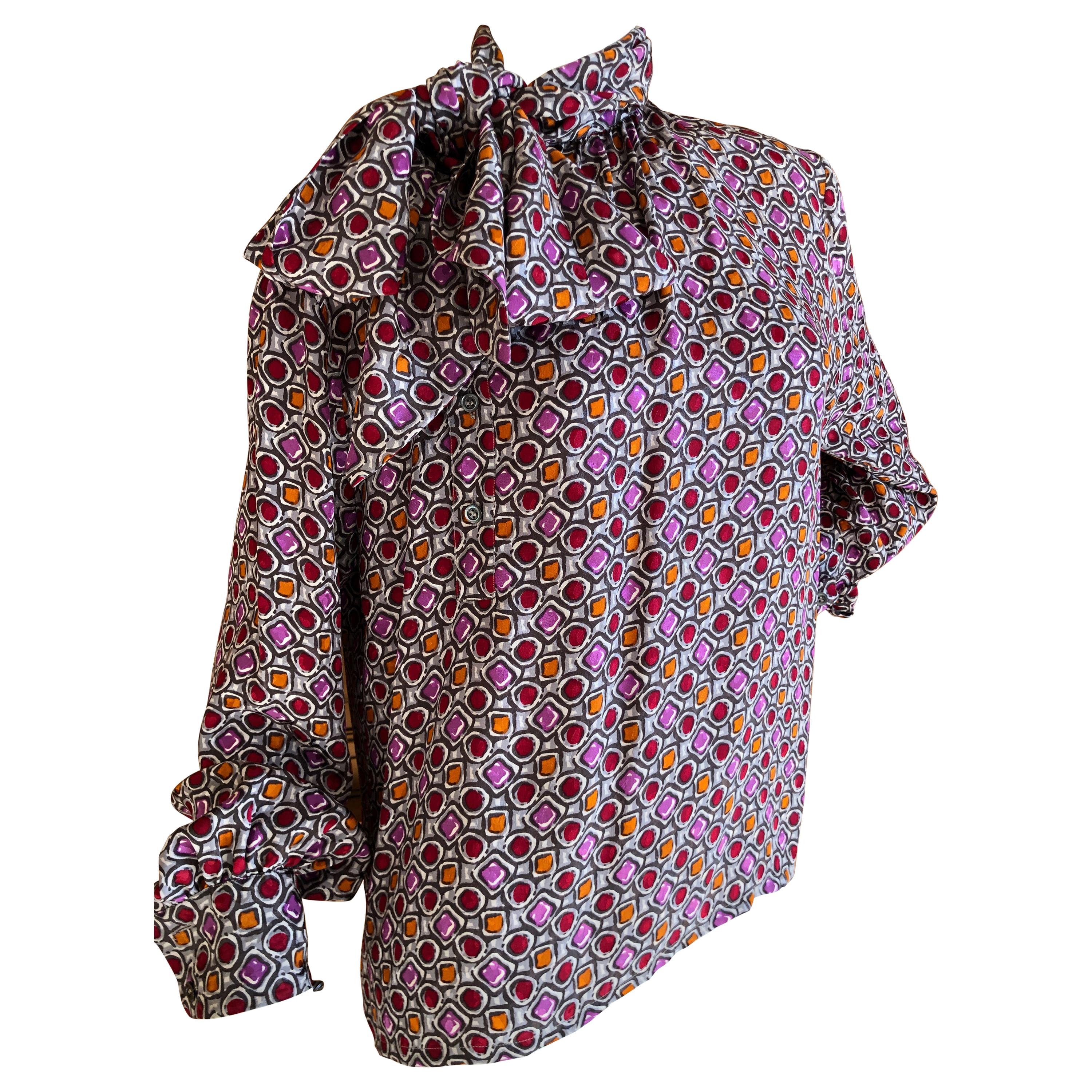 Yves Saint Laurent 70's Rive Gauche Cabachon Pattern Blouse with Side Pussy Bow For Sale