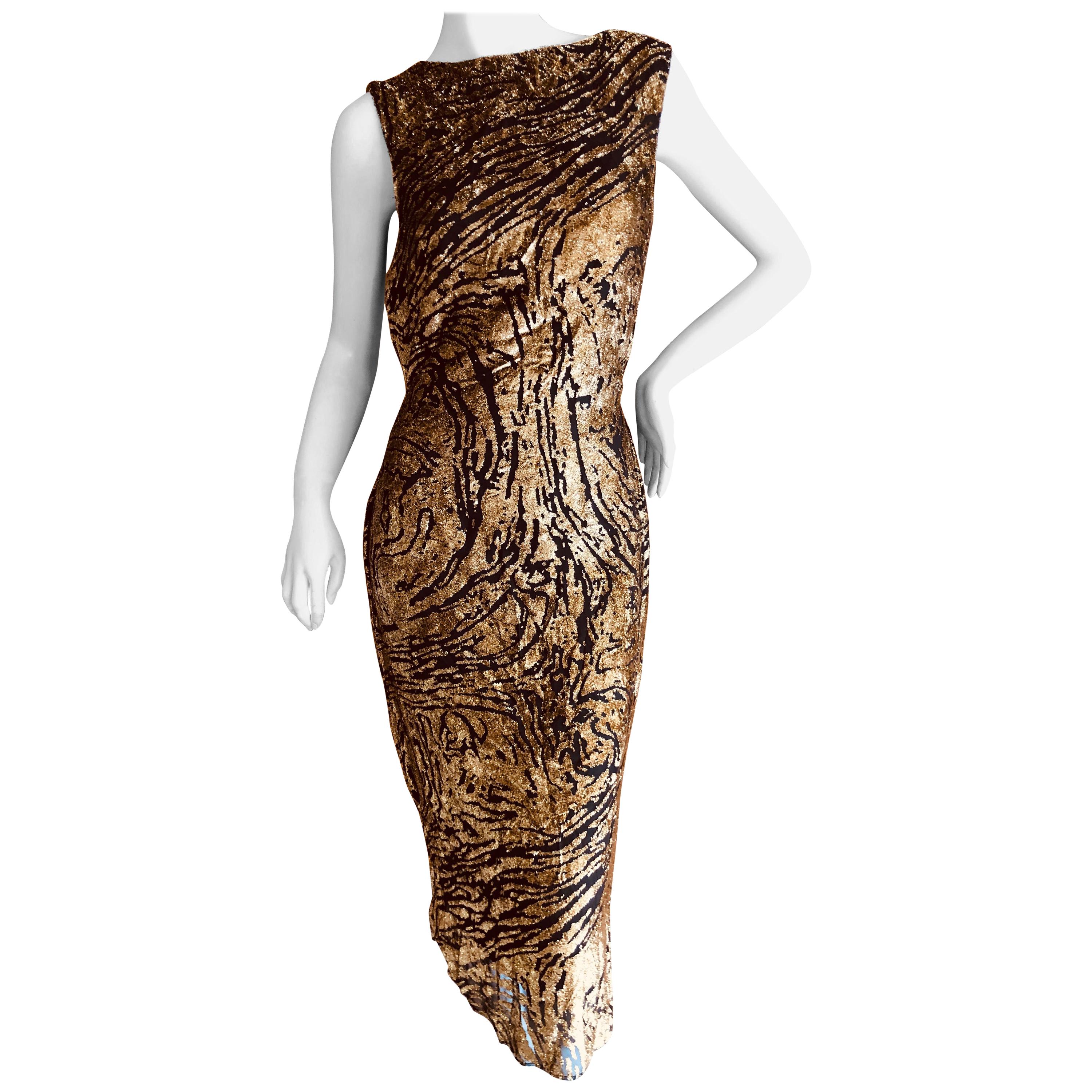 Yves Saint Laurent 70's Rive Gauche Gold Lurex Devore Velvet Dress  For Sale