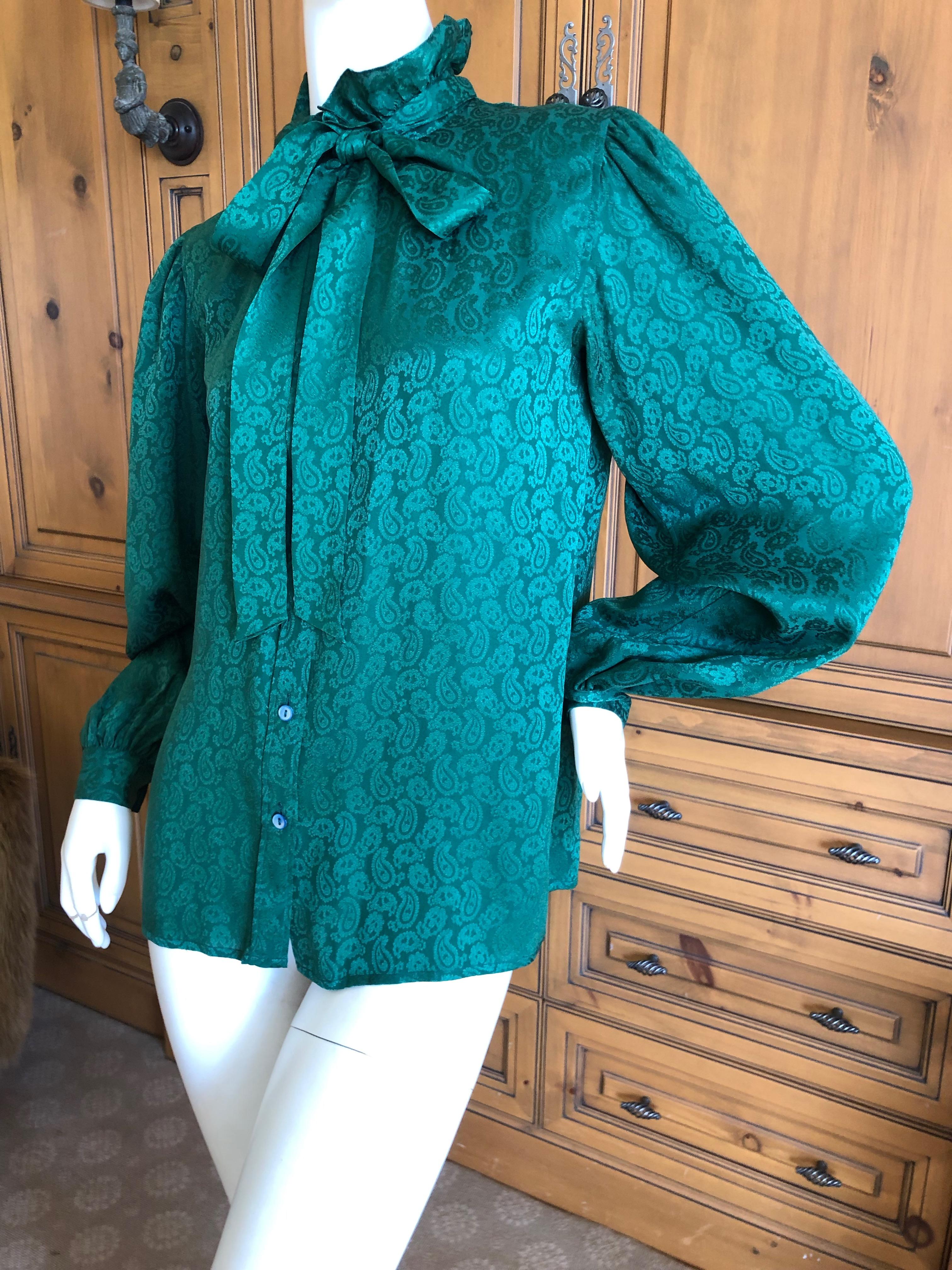 Yves Saint Laurent 70's Rive Gauche Green Silk Paisley Blouse with Pussy Bow In Excellent Condition For Sale In Cloverdale, CA