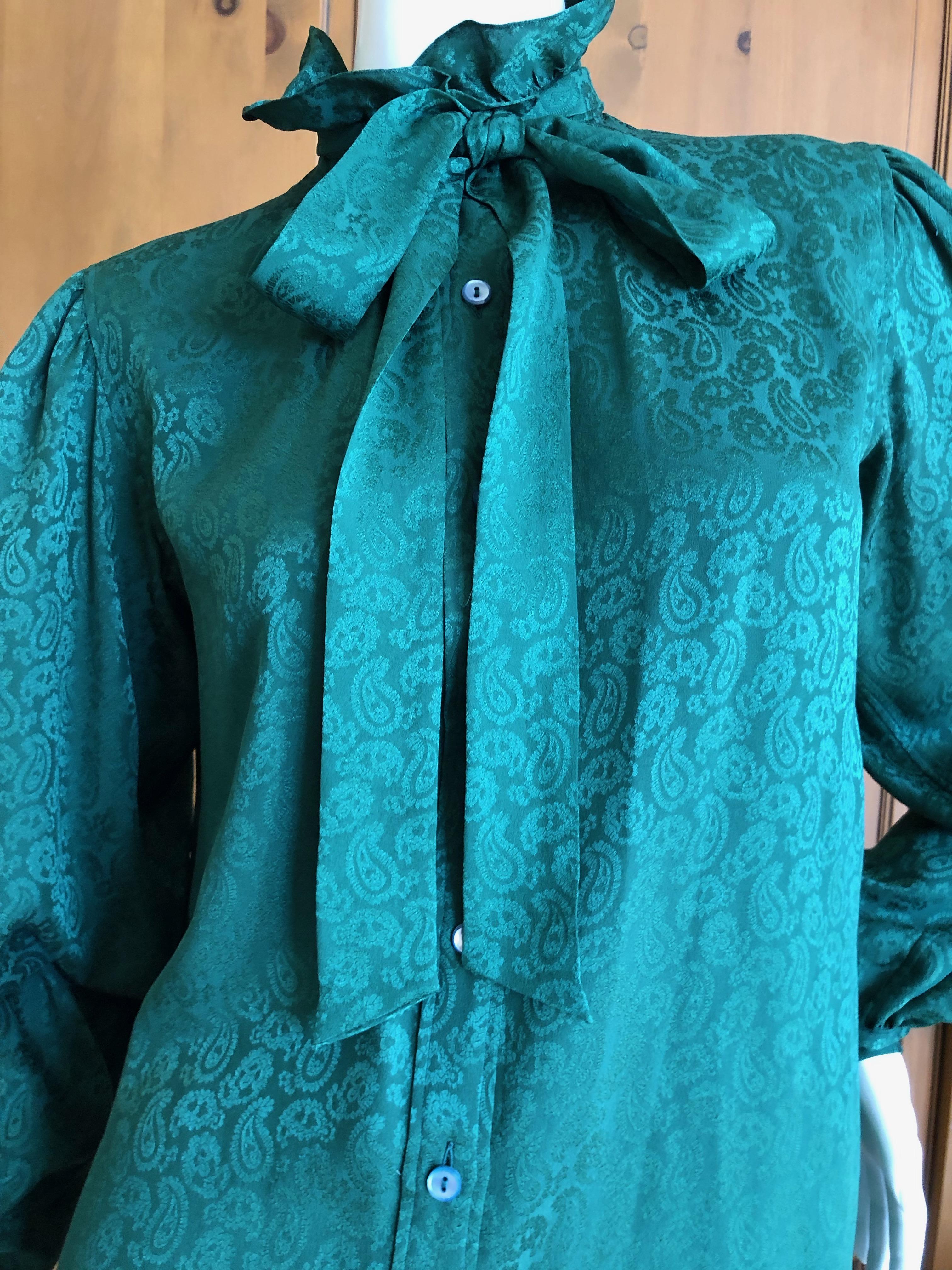 Yves Saint Laurent 70's Rive Gauche Green Silk Paisley Blouse with Pussy Bow For Sale 1
