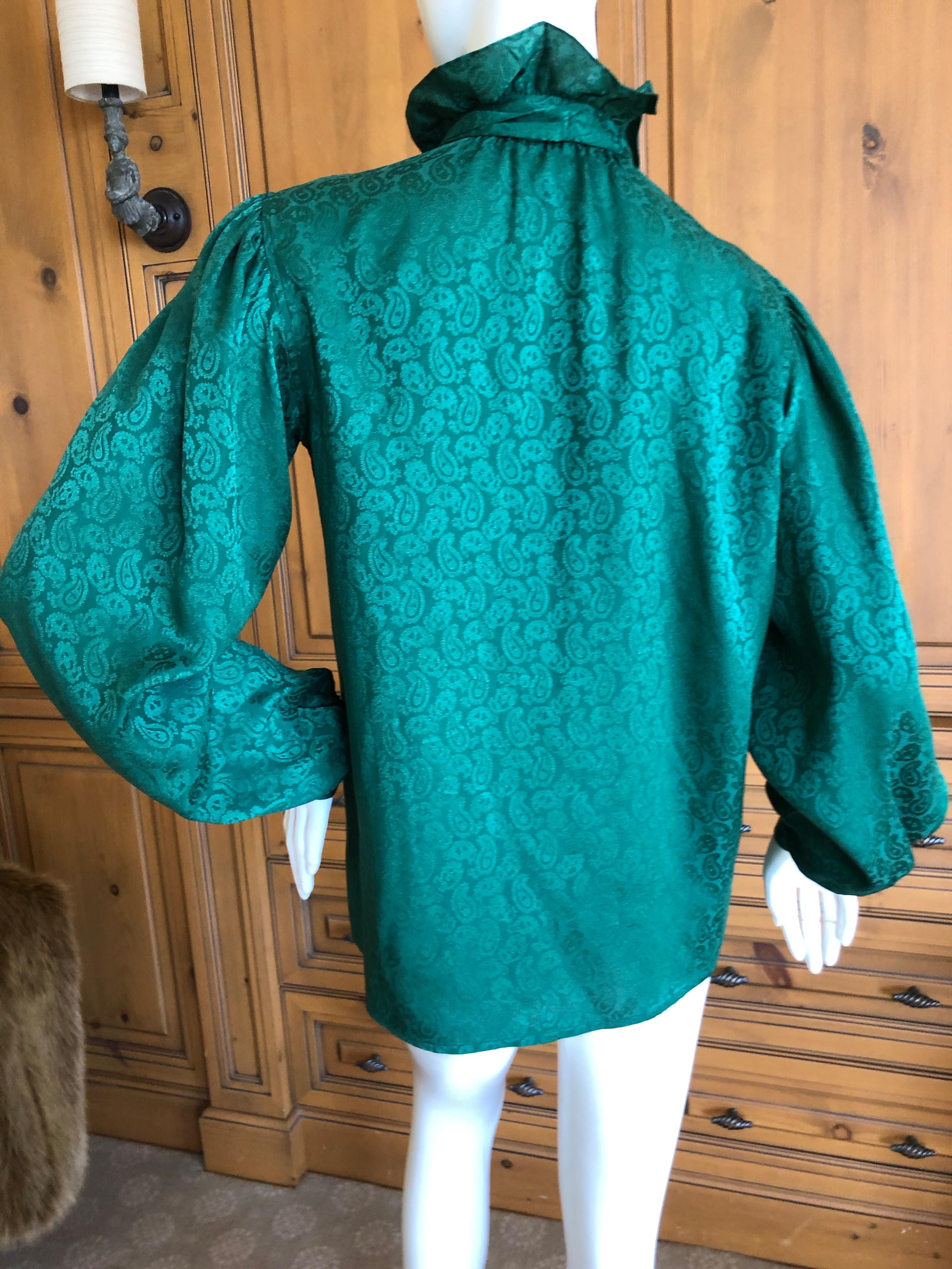 Yves Saint Laurent 70's Rive Gauche Green Silk Paisley Blouse with Pussy Bow For Sale 2