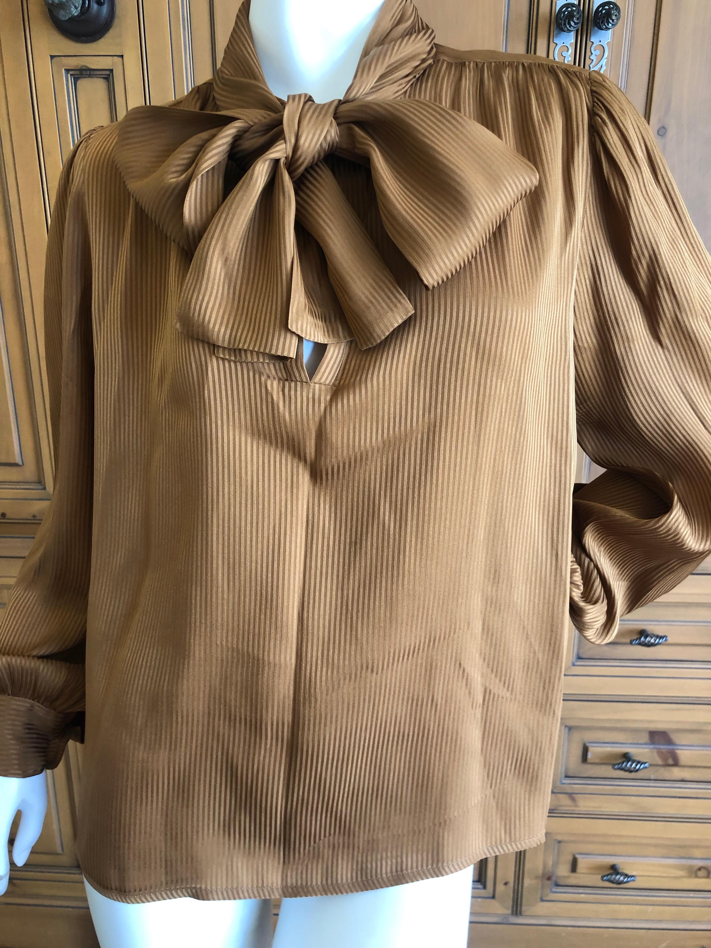 Brown Yves Saint Laurent 70's Rive Gauche Pin Tuck Silk Keyhole Blouse w Pussy Bow For Sale
