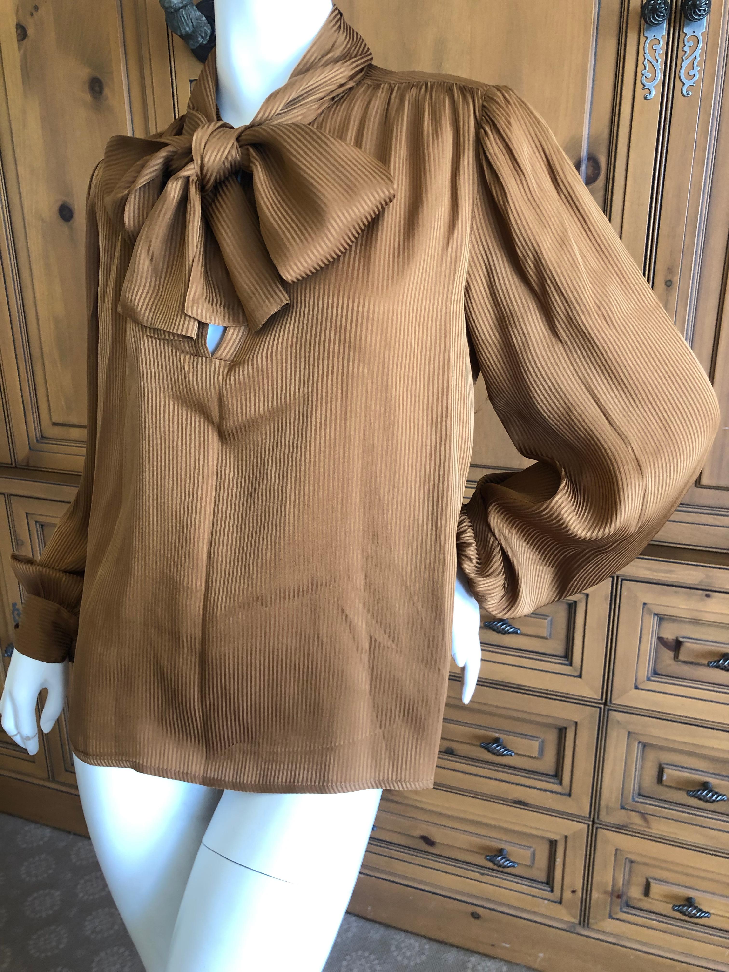 Women's Yves Saint Laurent 70's Rive Gauche Pin Tuck Silk Keyhole Blouse w Pussy Bow For Sale