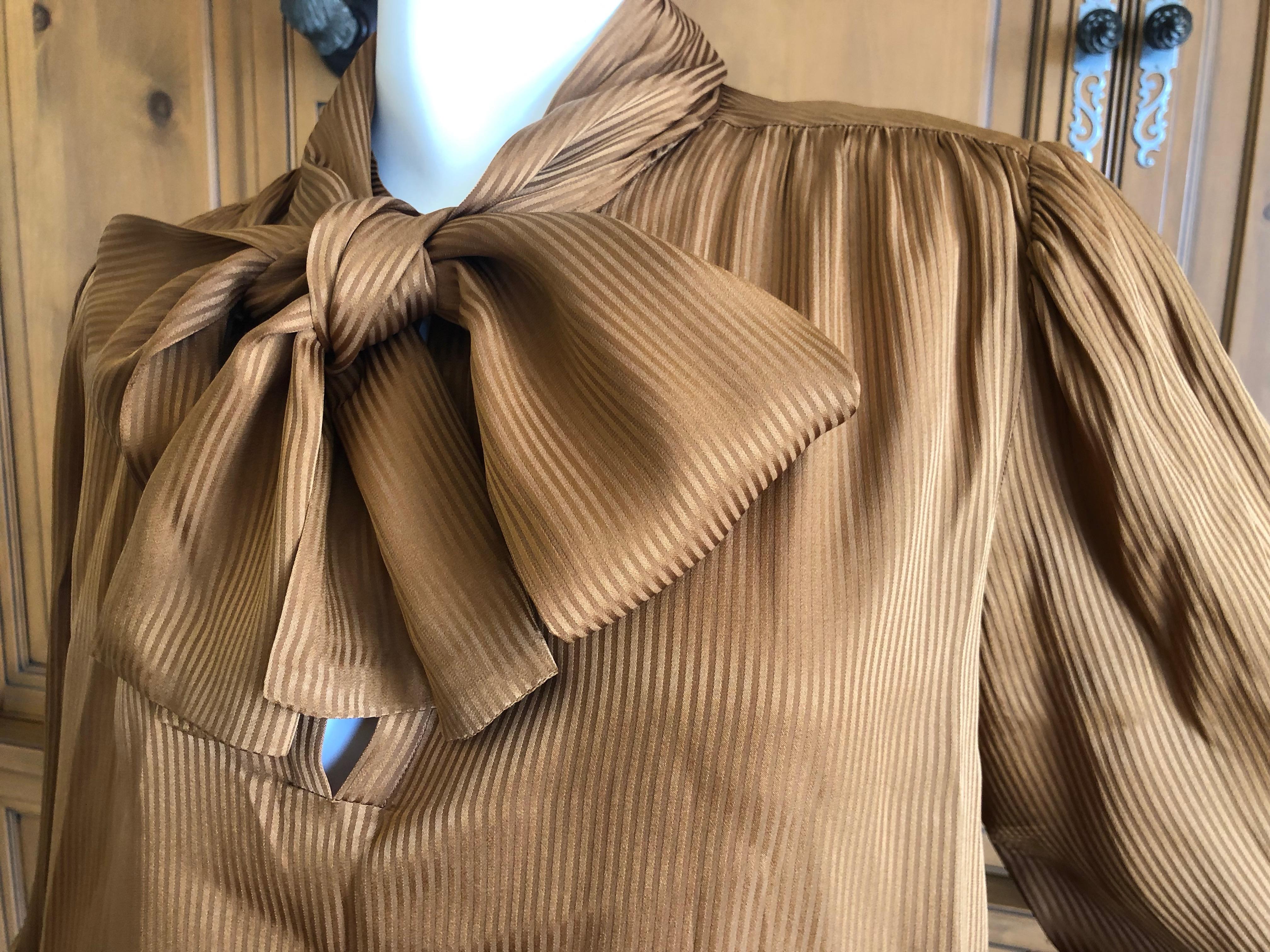 Yves Saint Laurent 70's Rive Gauche Pin Tuck Silk Keyhole Blouse w Pussy Bow For Sale 3
