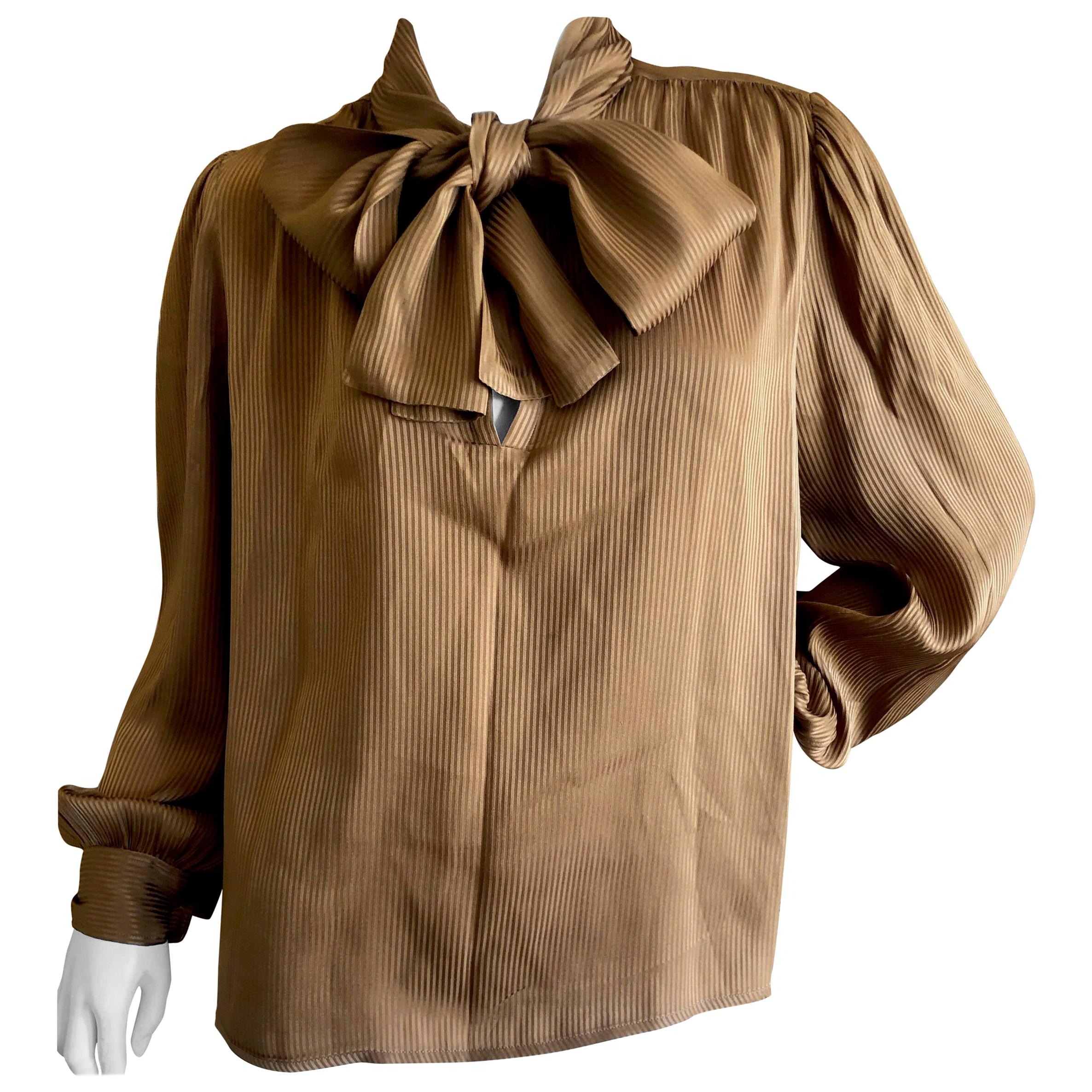 Yves Saint Laurent 70's Rive Gauche Pin Tuck Silk Keyhole Blouse w Pussy Bow For Sale