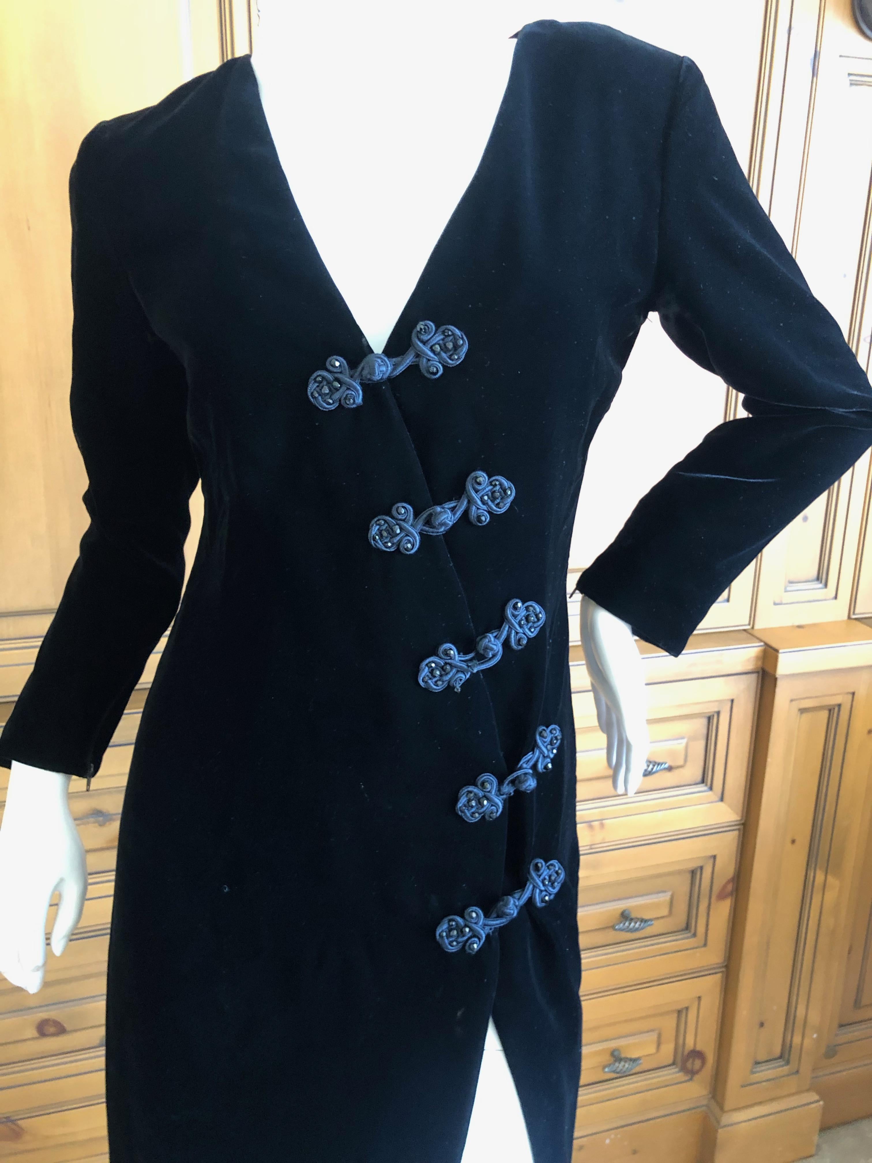 Yves Saint Laurent 70's Rive Gauche Velvet Dress w Diagonal Frog Closure In Excellent Condition For Sale In Cloverdale, CA