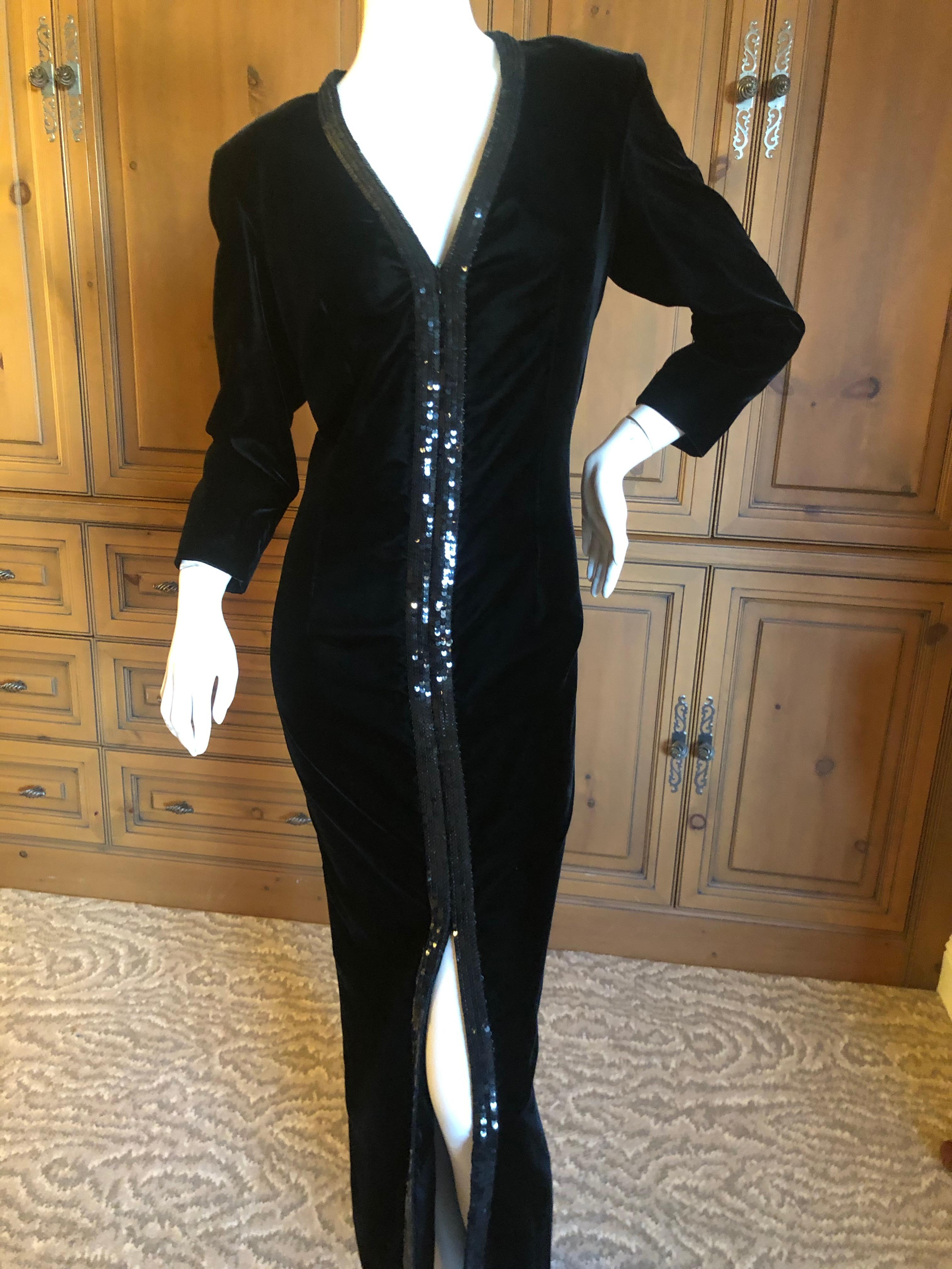 Black Yves Saint Laurent 70's Rive Gauche Velvet Evening Dress w Sequins & High Slit For Sale