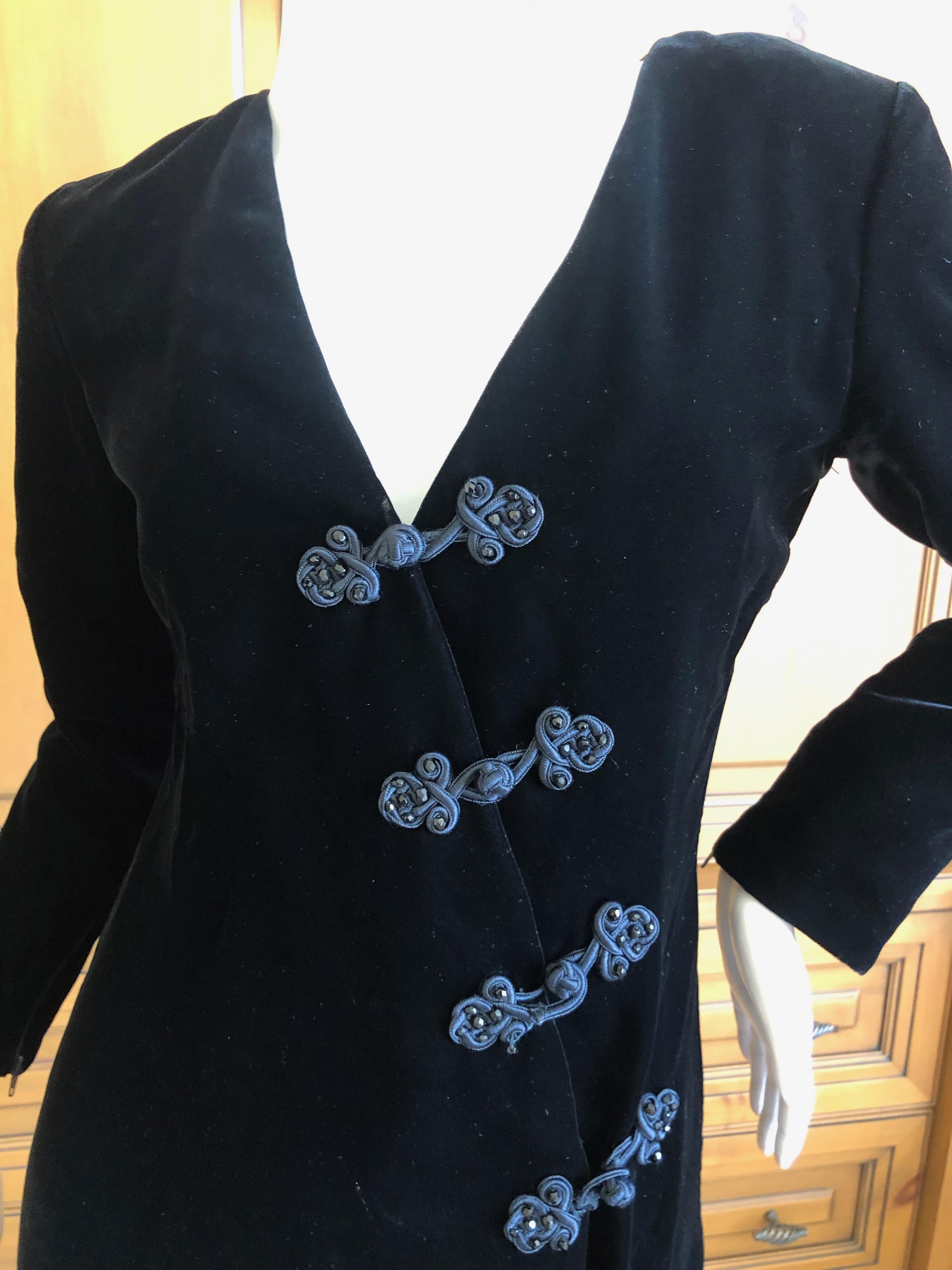 Black Yves Saint Laurent 70's Rive Gauche Velvet Mini Dress w Diagonal Frog Closure For Sale