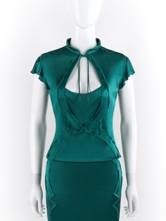 YVES SAINT LAURENT A/W 2003 TOM FORD Teal Satin 2pc Skirt Blouse Dress Set YSL