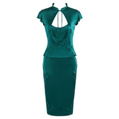 YVES SAINT LAURENT A/W 2003 TOM FORD Teal Satin 2pc Skirt Blouse Dress Set YSL