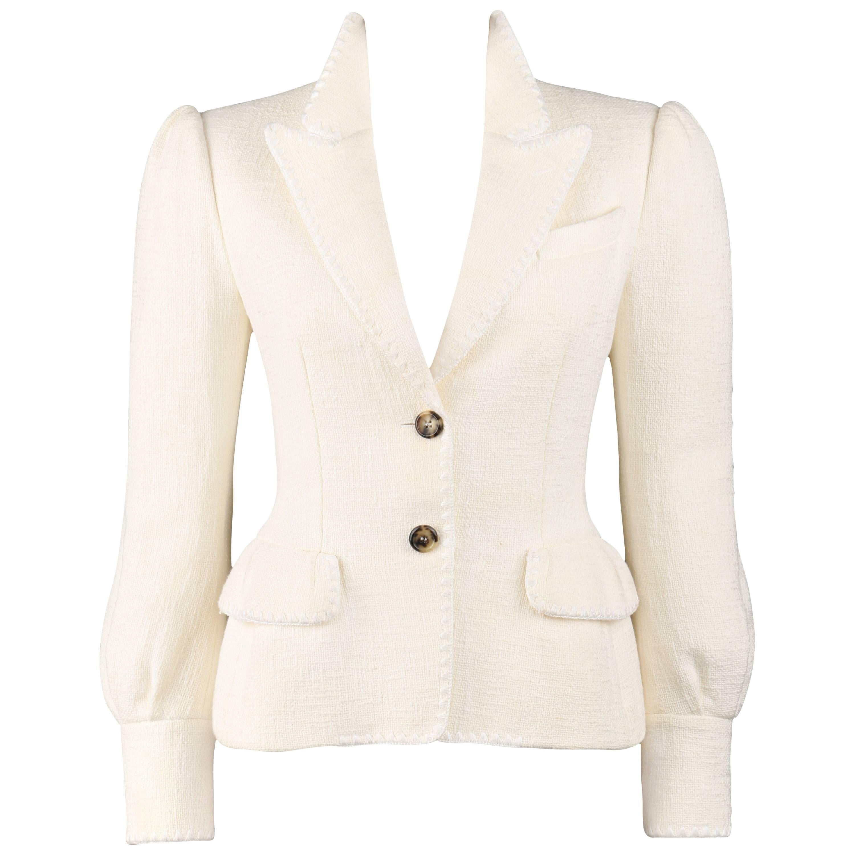 YVES SAINT LAURENT A/W 2005 YSL Off White Tweed Peak Lapel Collar Blazer Jacket