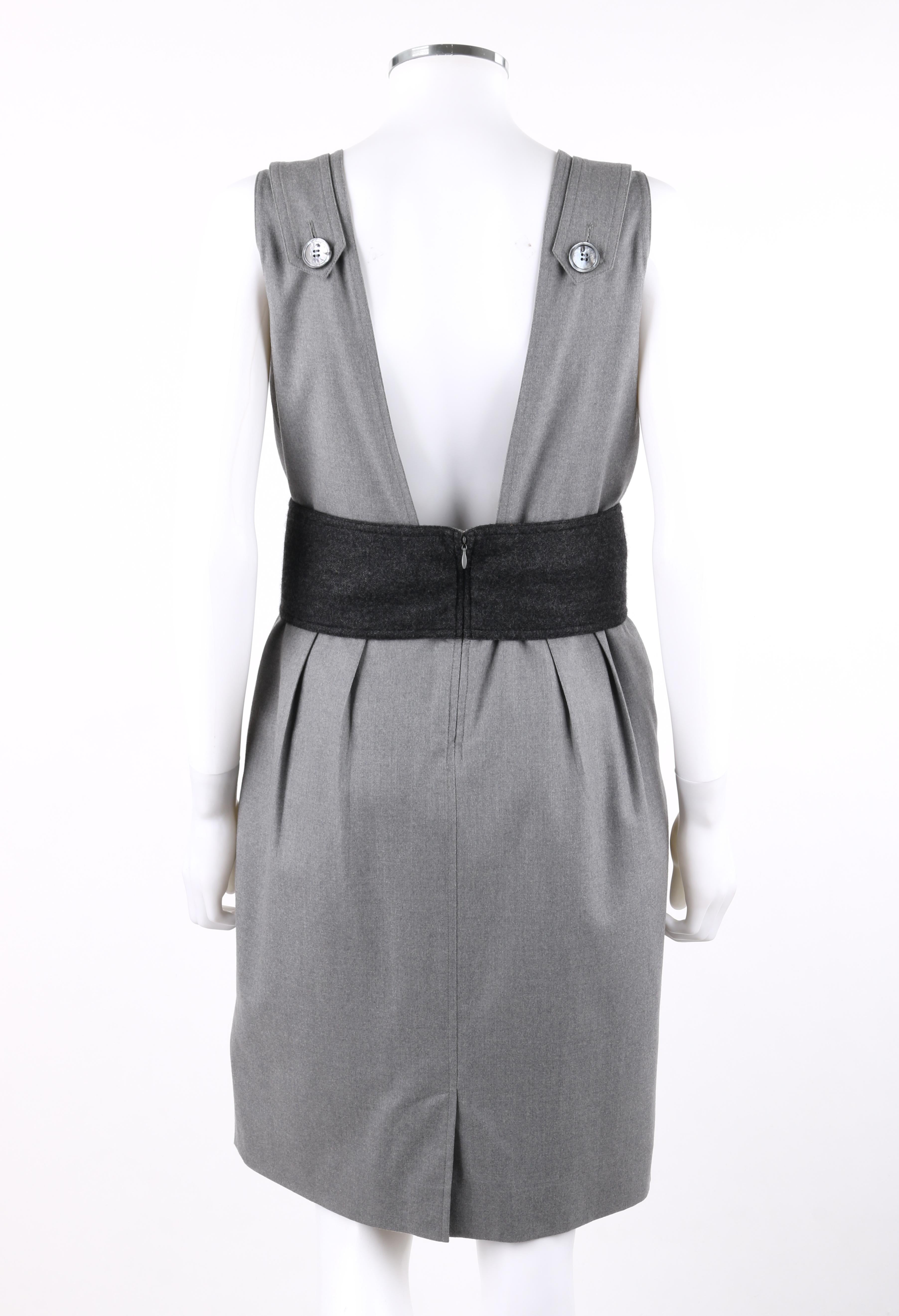 Women's YVES SAINT LAURENT A/W 2007 Gray Button Up Belt Sleeveless Plunge Back Dress YSL For Sale
