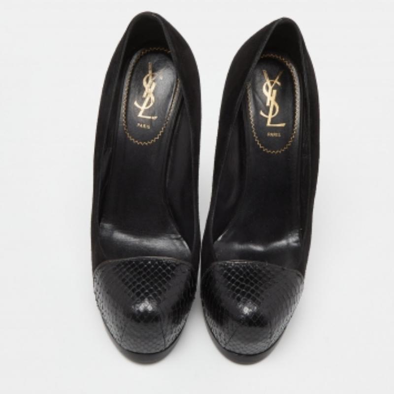 Noir Yves Saint Laurent et Snakeskin Cap Toe Tribtoo Platform Pumps Size 38.5 en vente