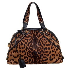 Yves Saint Laurent Animal Print Kalbshaar und Leder Große Muse Tasche