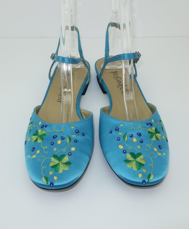 Yves Saint Laurent Aqua Blue Satin Embroidered Shoes Sz 6 For Sale at 1stDibs aqua blue pumps