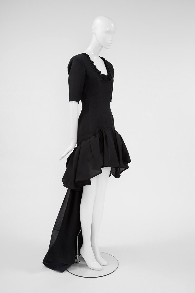 Black Yves Saint Laurent Runway Asymmetric Ruffled Bow Evening Dress, SS 1990 For Sale
