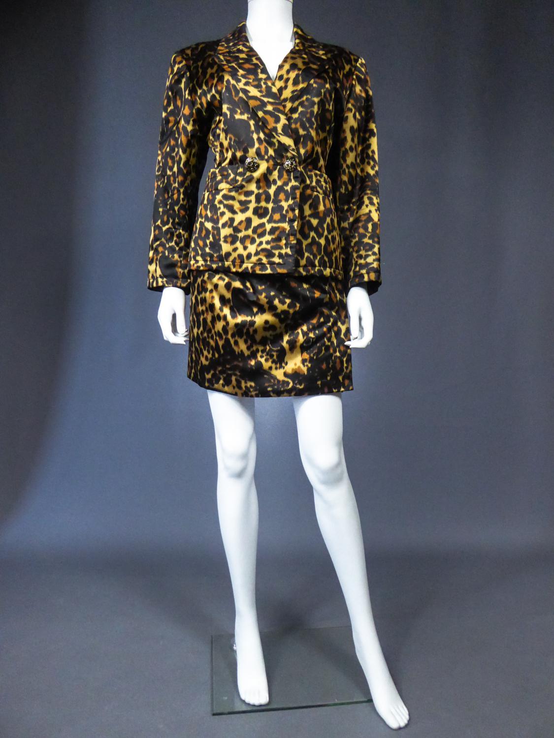 Black Yves Saint Laurent Printed Panther Satin (attributed to) Skirt Suit Circa 1990 For Sale