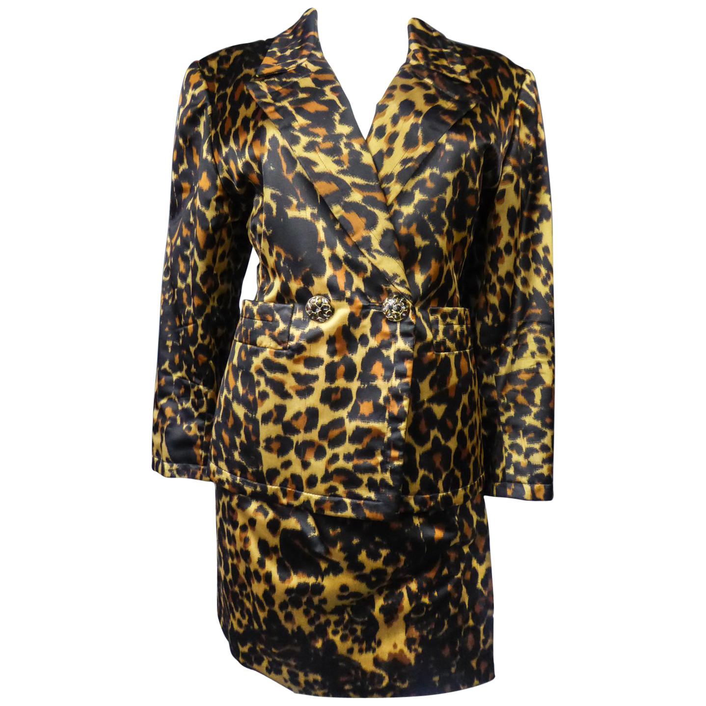 Yves Saint Laurent Printed Panther Satin (attributed to) Skirt Suit Circa 1990