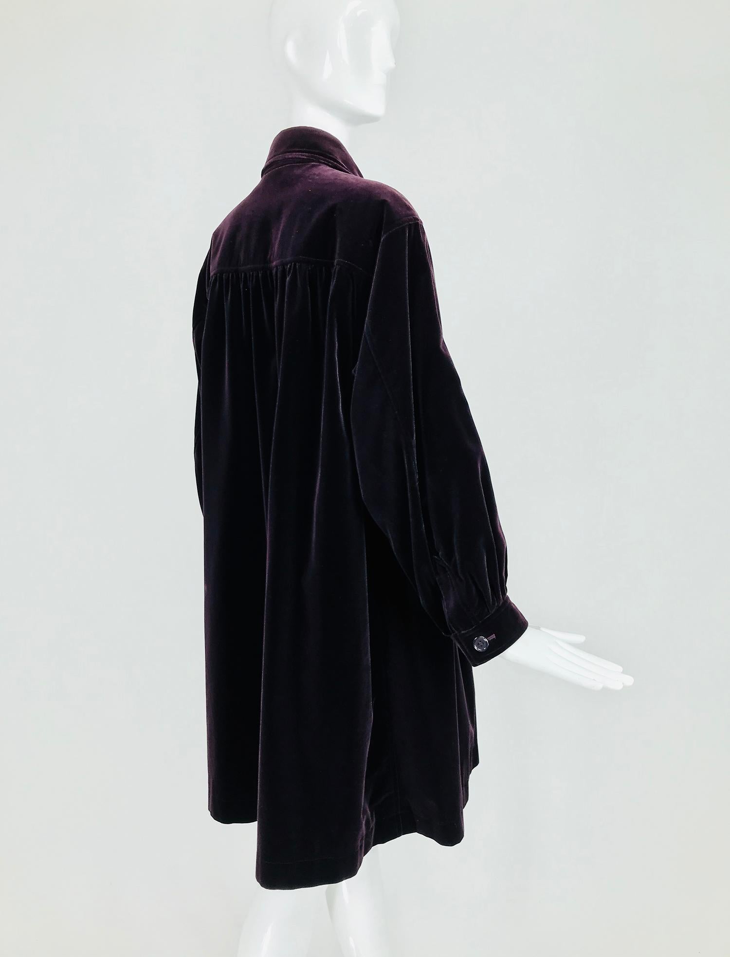 Black Yves Saint Laurent Aubergine Velvet Smock Coat 1970s 