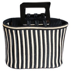 Yves Saint Laurent Bag Black White Stripe Woven Silk Tote Rive Gauche Vintage