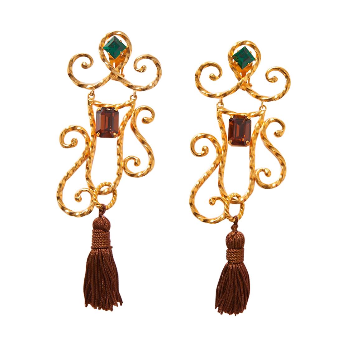 Yves Saint Laurent Baroque Tasseled Shoulder Sweepers Clip On Earrings