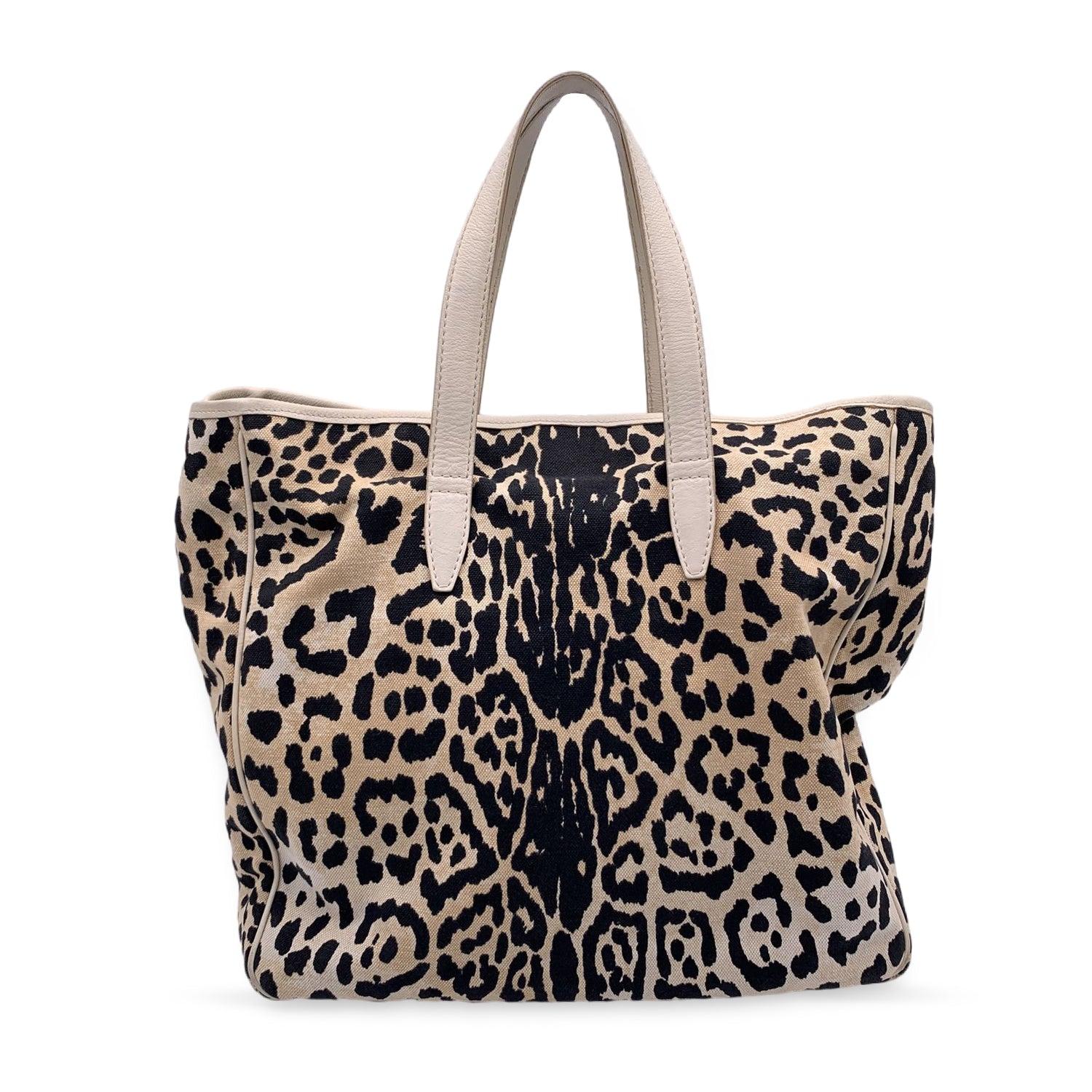 Yves Saint Laurent Beige Animalier Canvas Tote Shoulder Bag In Excellent Condition In Rome, Rome