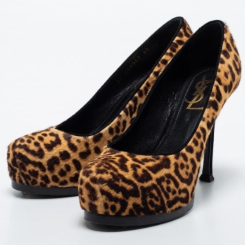 Black Yves Saint Laurent Beige/Brown Leopard Print Calf Hair Tribtoo Pumps Size 35 For Sale