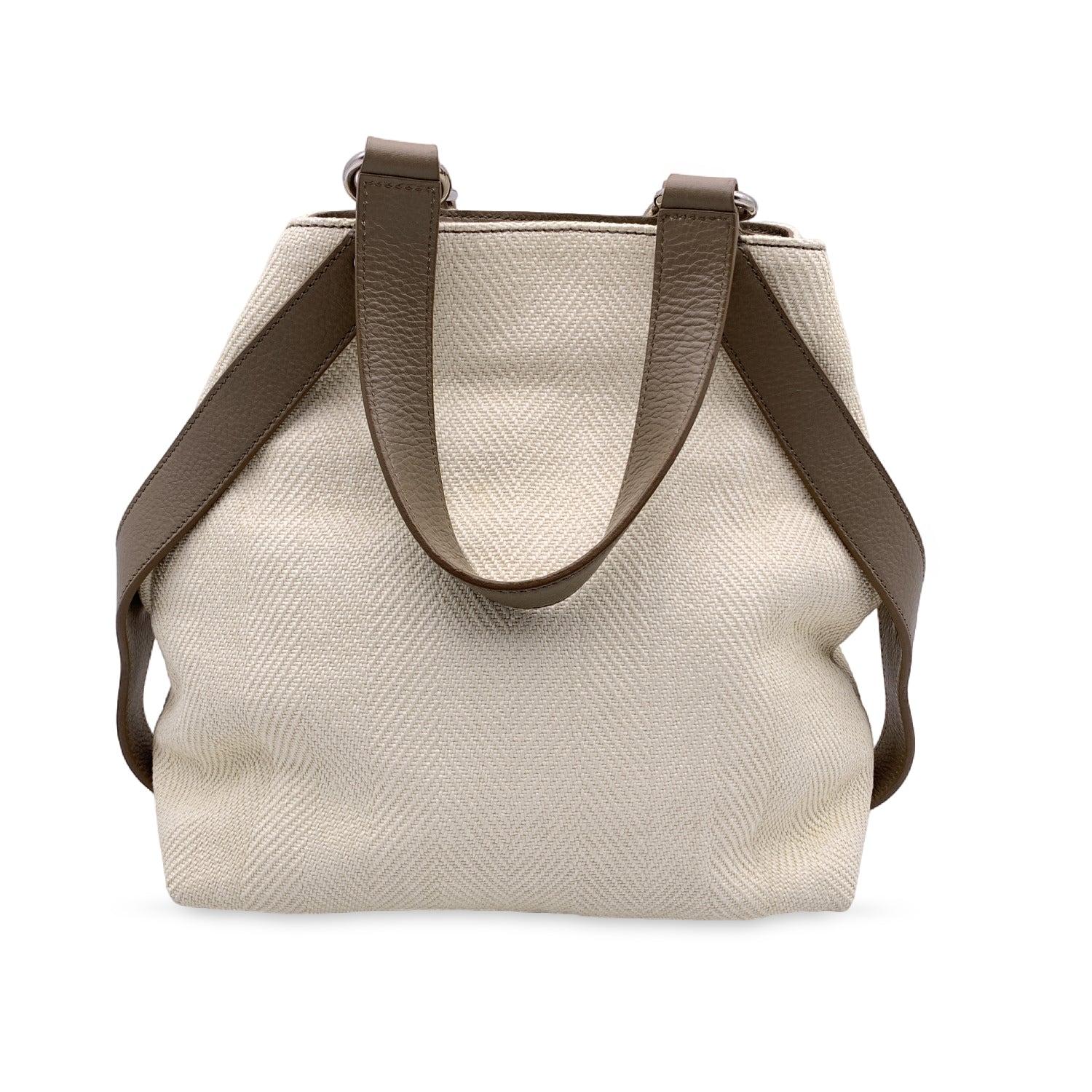 Yves Saint Laurent Beige Canvas Taupe Leather Tote Bag In Excellent Condition In Rome, Rome