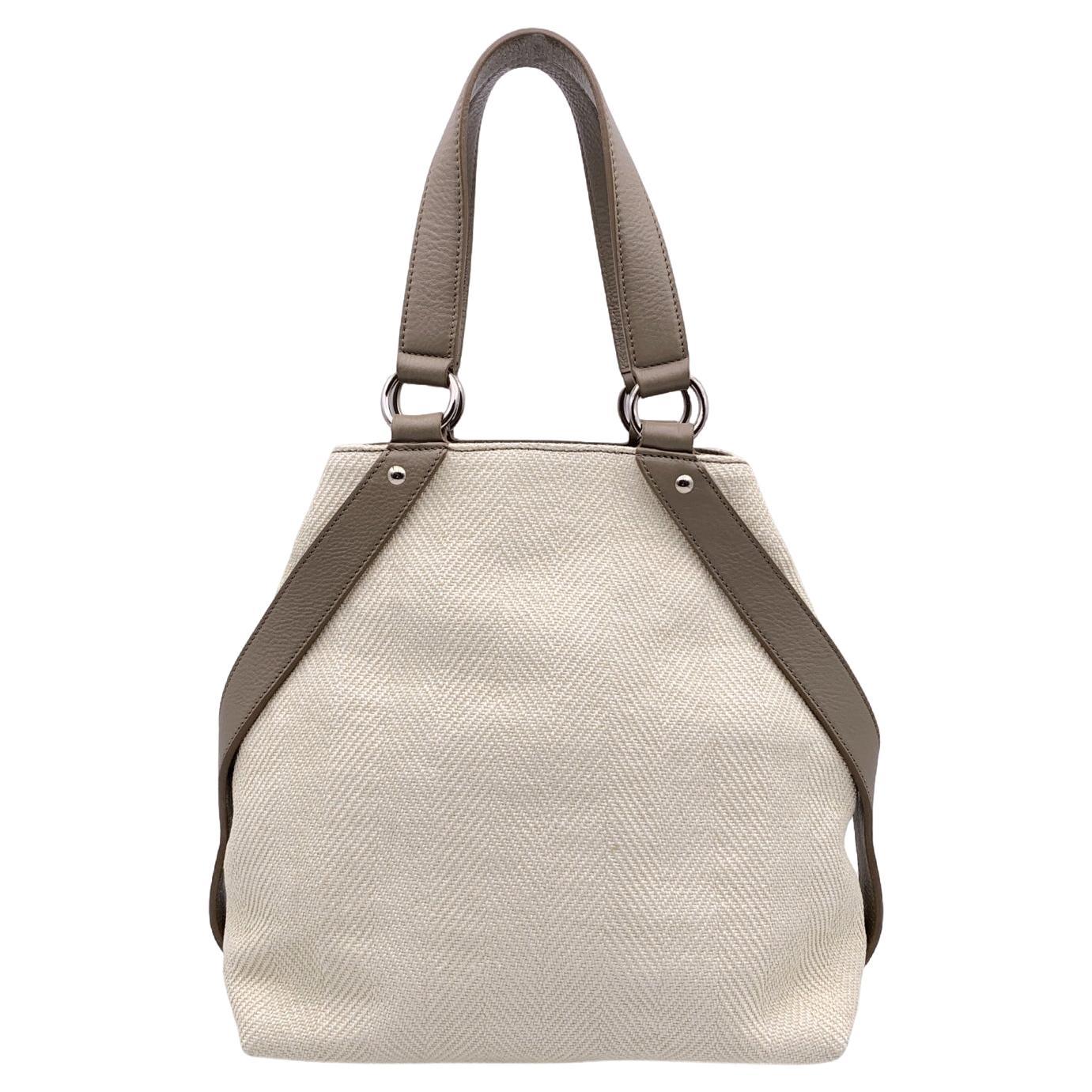 Yves Saint Laurent Beige Canvas Taupe Leather Tote Bag