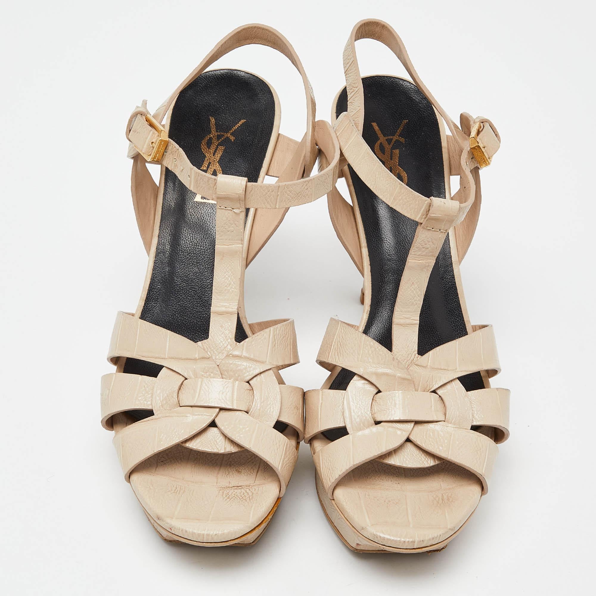 Yves Saint Laurent Beige Croc Embossed Leather Tribute Ankle Strap Sandals Size  For Sale 1