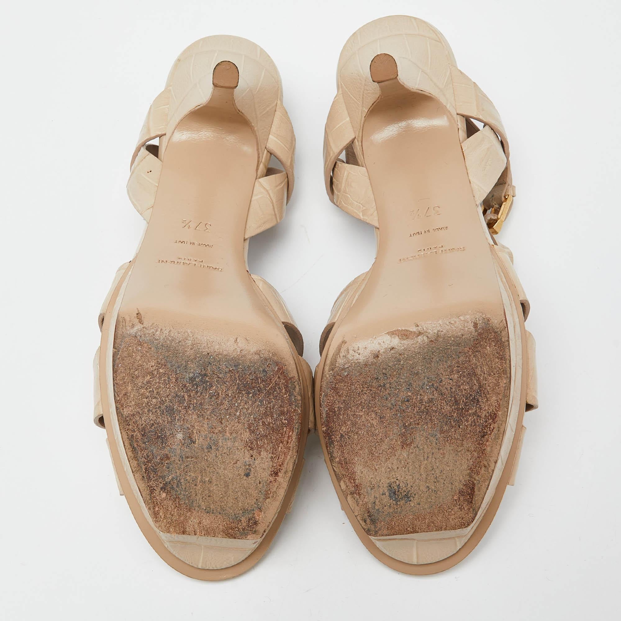 Yves Saint Laurent Beige Kroko geprägte Leder Tribute Knöchelriemen-Sandalen Größe  im Angebot 4